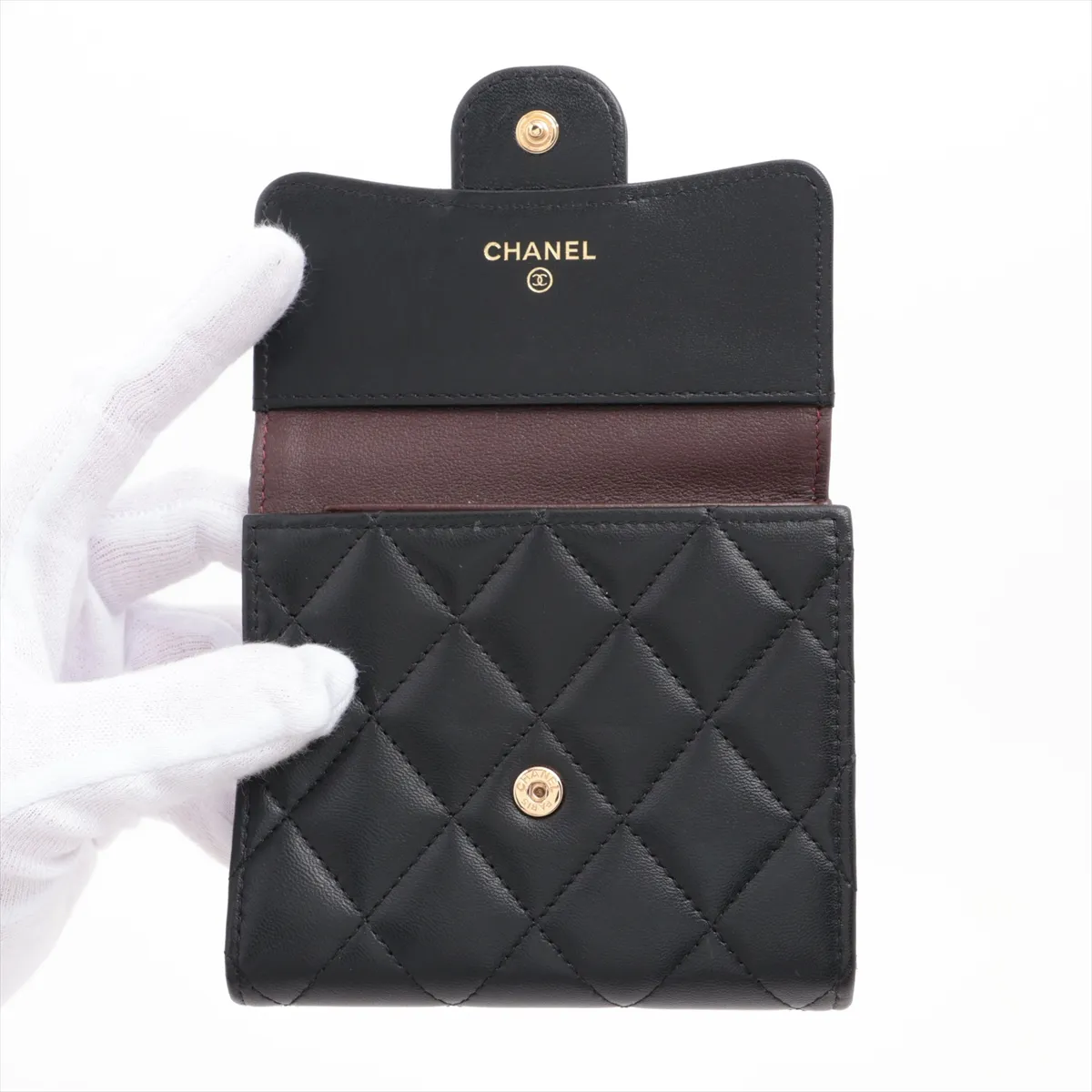 Matelassé Lambskin Compact Wallet, Black with Gold Hardware, K3XLE2HL — view 3