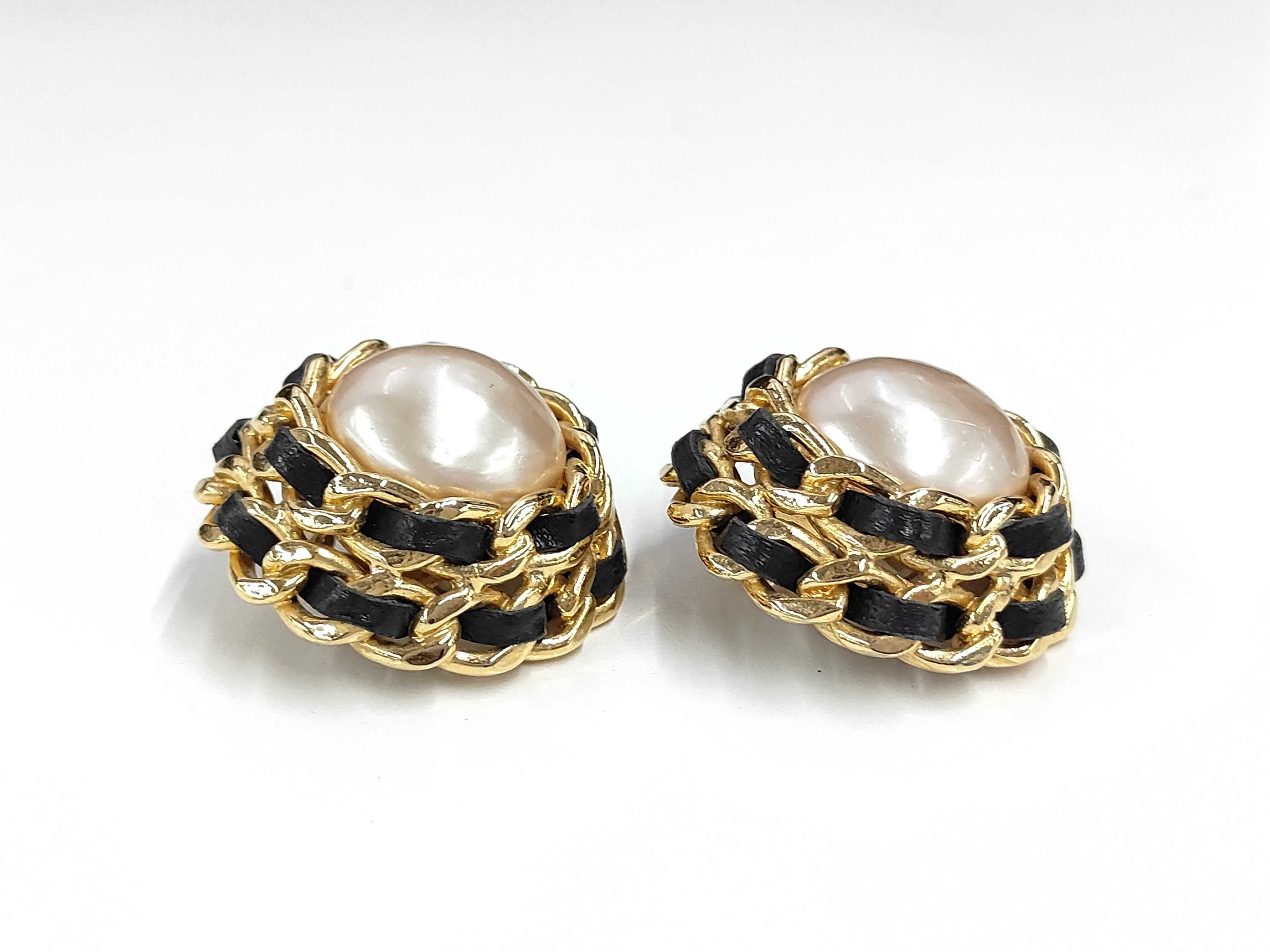Pearl Leather Black Gold Earrings — view 2