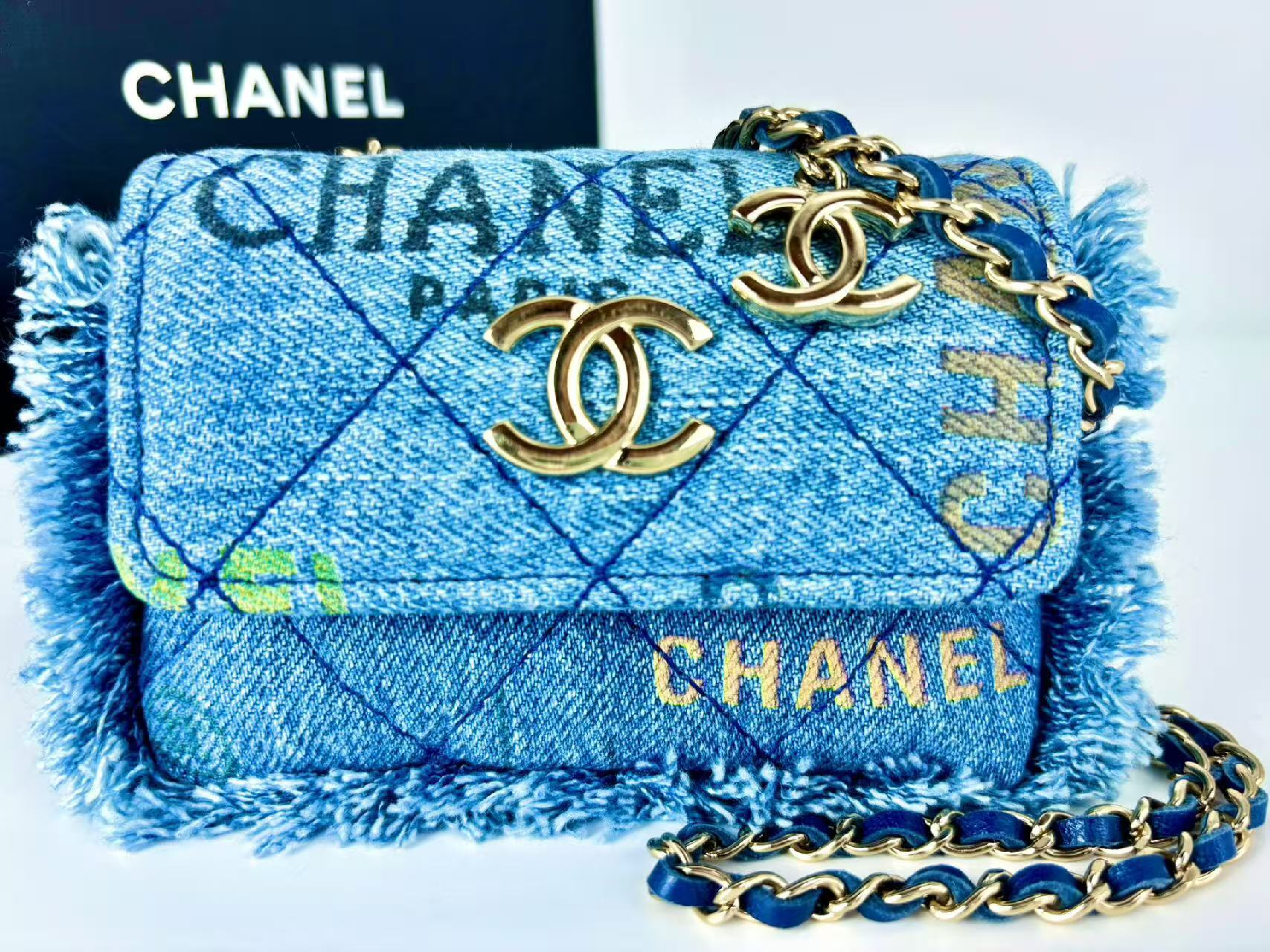 Matelassé Denim Print Fringe Pouch — view 5