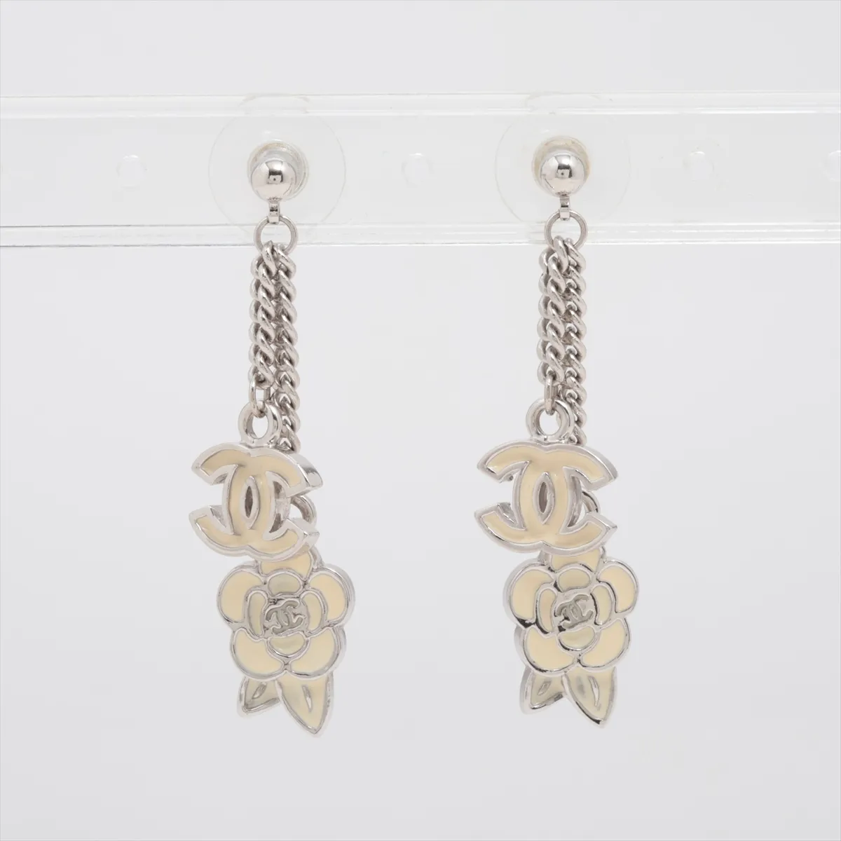Coco Mark Camellia Earrings (Pair) Metal Ivory x Silver