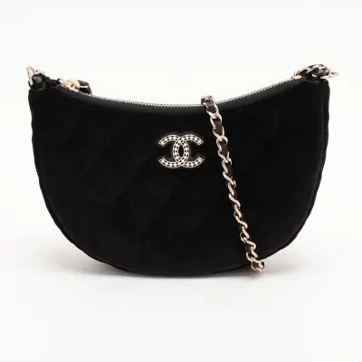 Matelassé Velour Chain Shoulder Bag, Half Moon, Black with Gold Hardware, N9KX3160, Random Serial Number, Year Gift