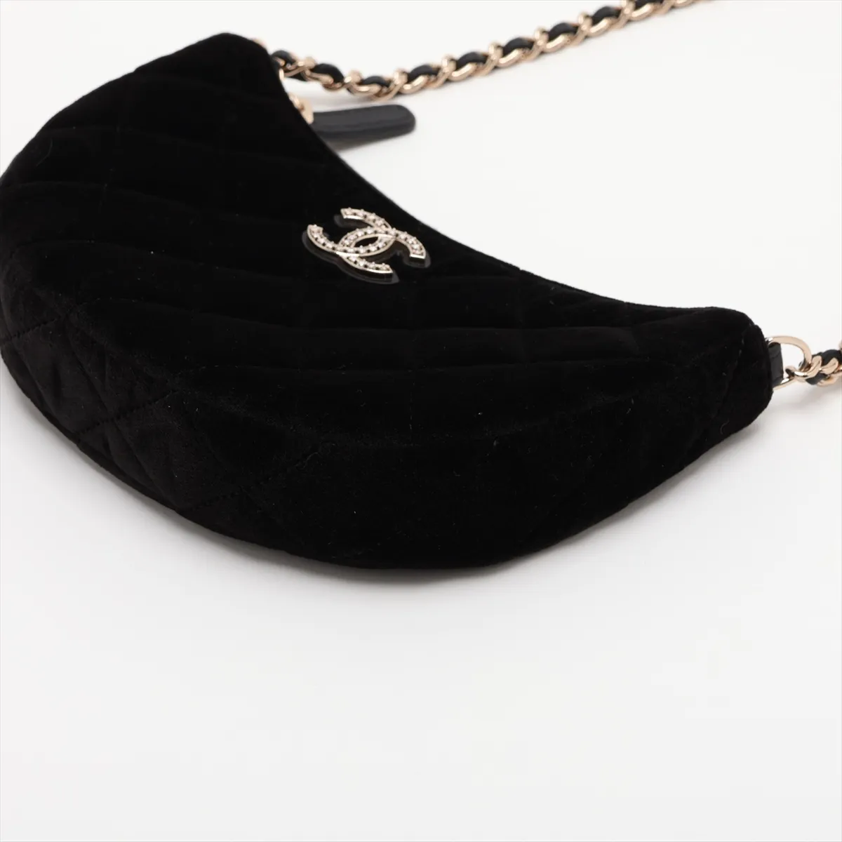 Matelassé Velour Chain Shoulder Bag, Half Moon, Black with Gold Hardware, N9KX3160, Random Serial Number, Year Gift — view 3