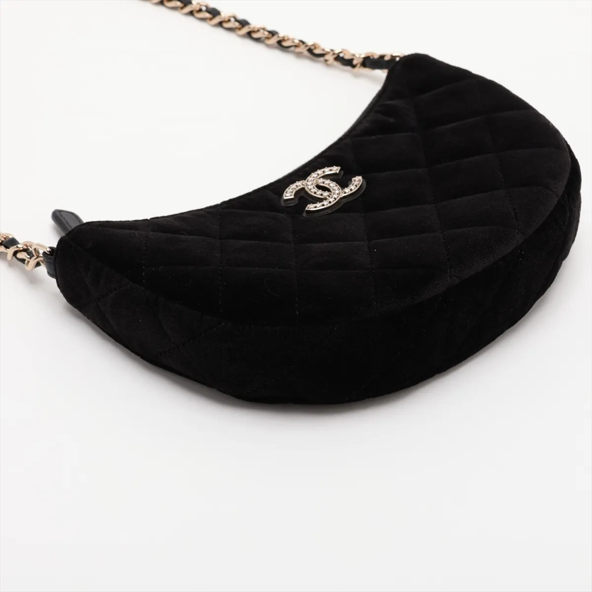 Matelassé Velour Chain Shoulder Bag, Half Moon, Black with Gold Hardware, N9KX3160, Random Serial Number, Year Gift — view 4