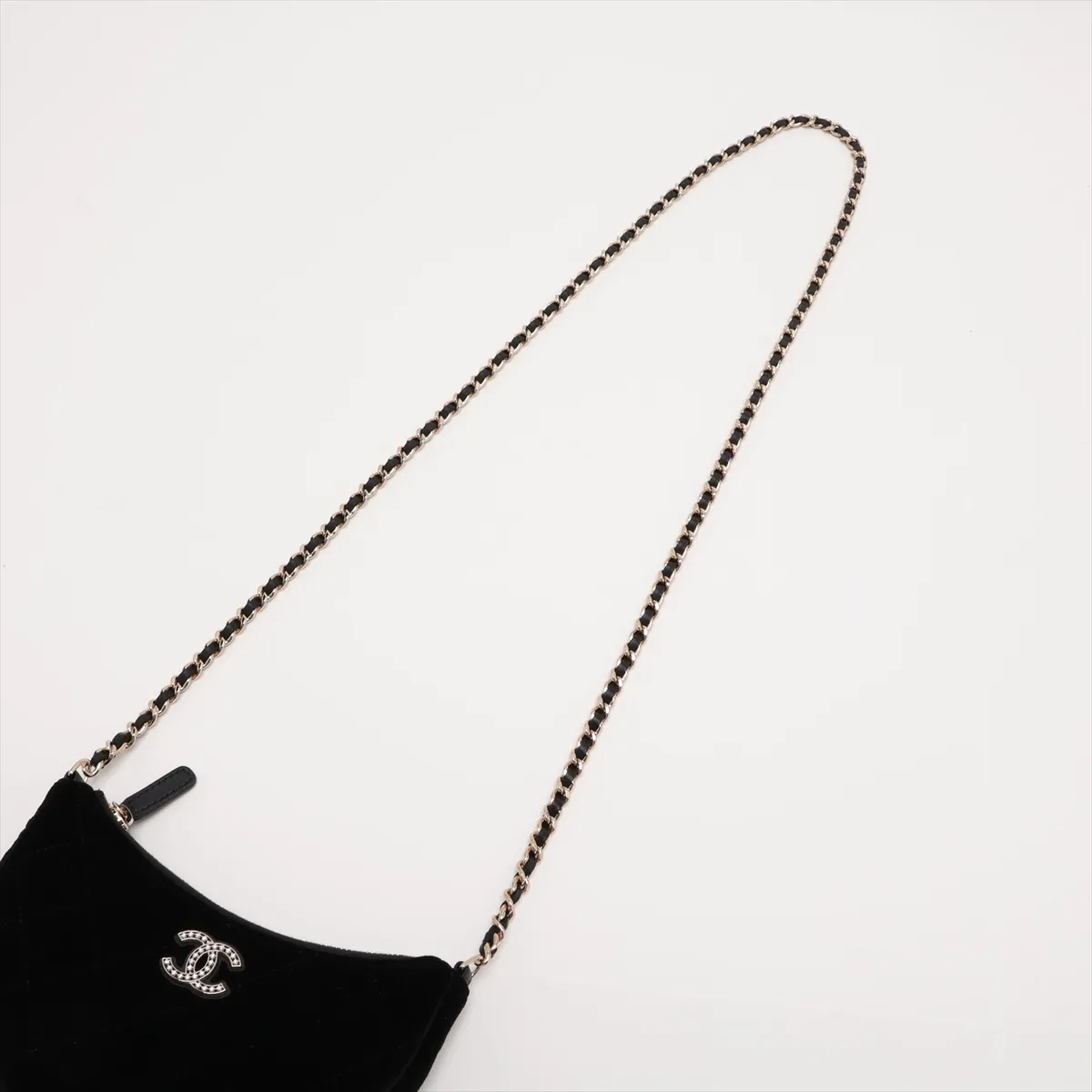 Matelassé Velour Chain Shoulder Bag, Half Moon, Black with Gold Hardware, N9KX3160, Random Serial Number, Year Gift — view 5