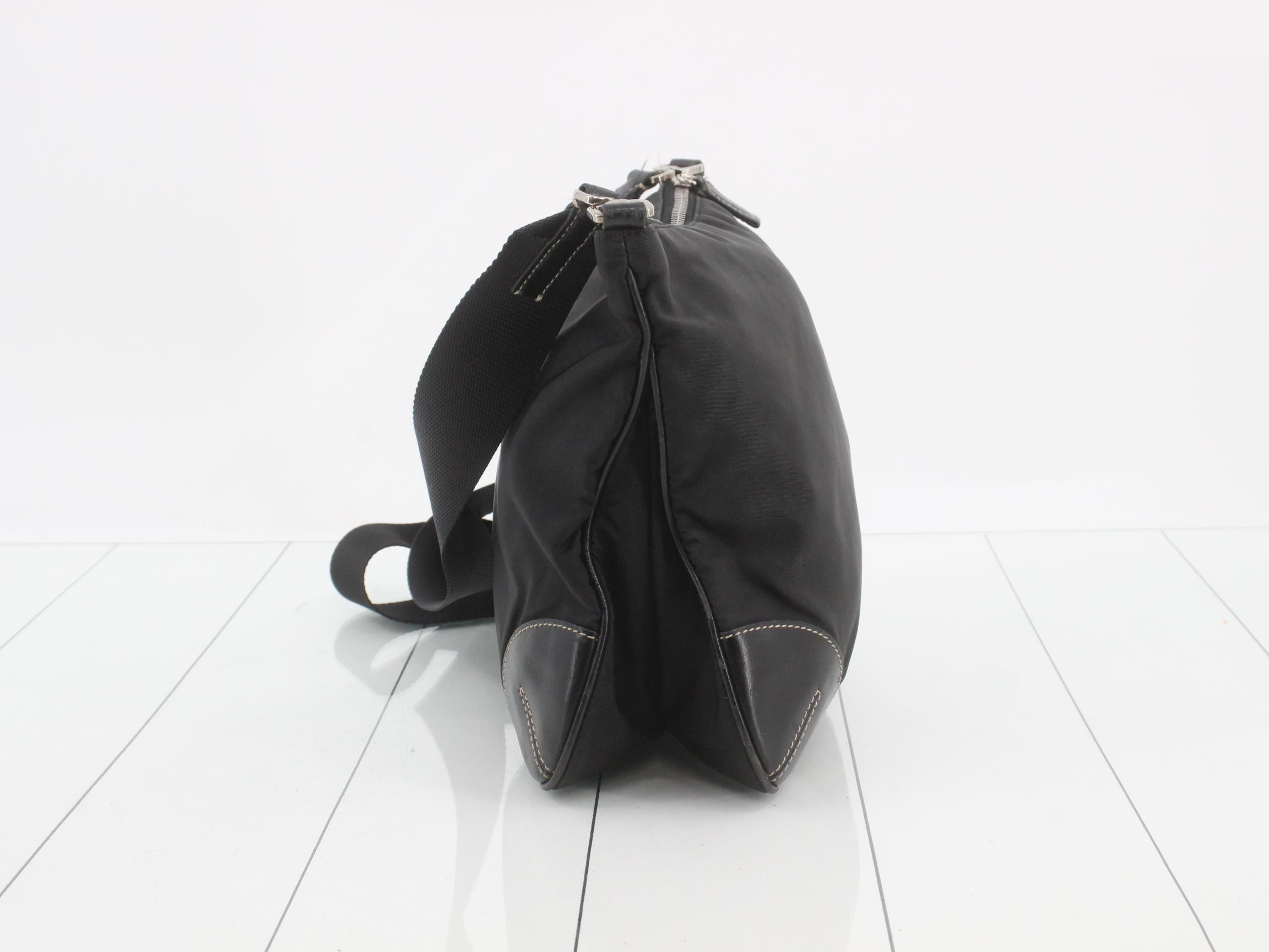 Nylon and leather shoulder bag with triangular plate — view 3