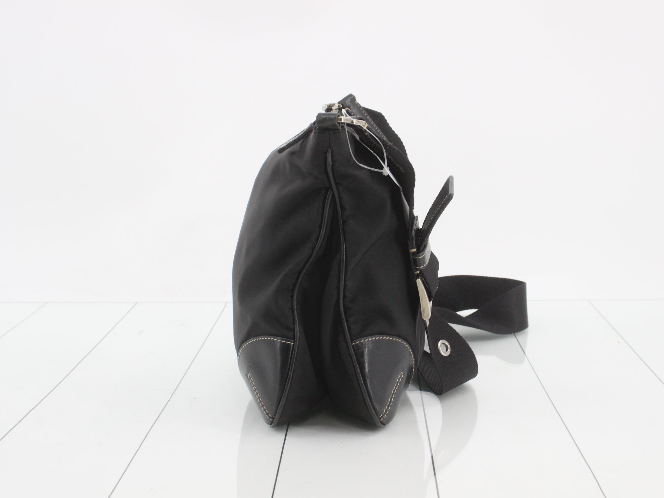 Nylon and leather shoulder bag with triangular plate — view 4