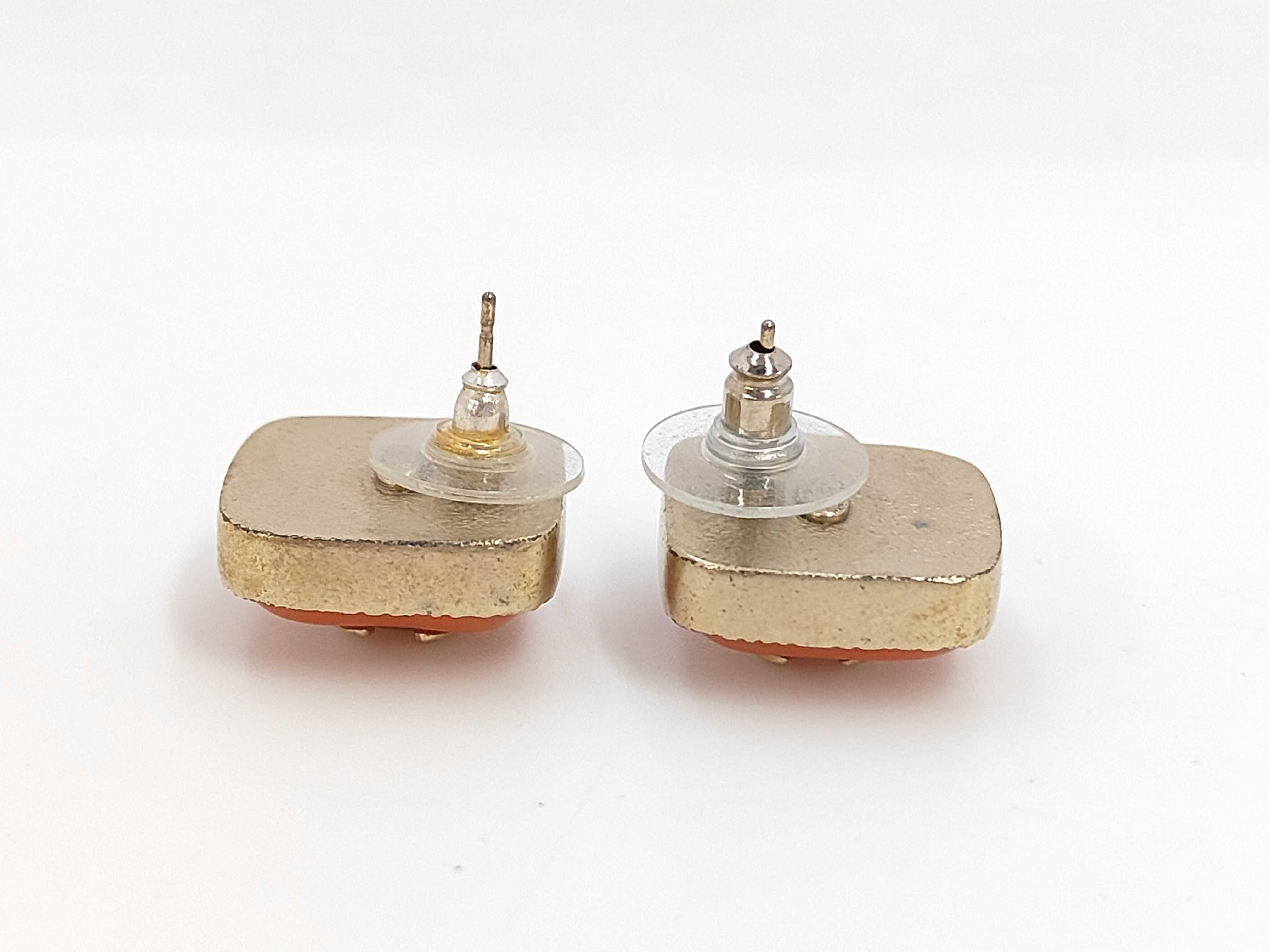 earrings, Coco Mark square button, orange and gold. — view 3