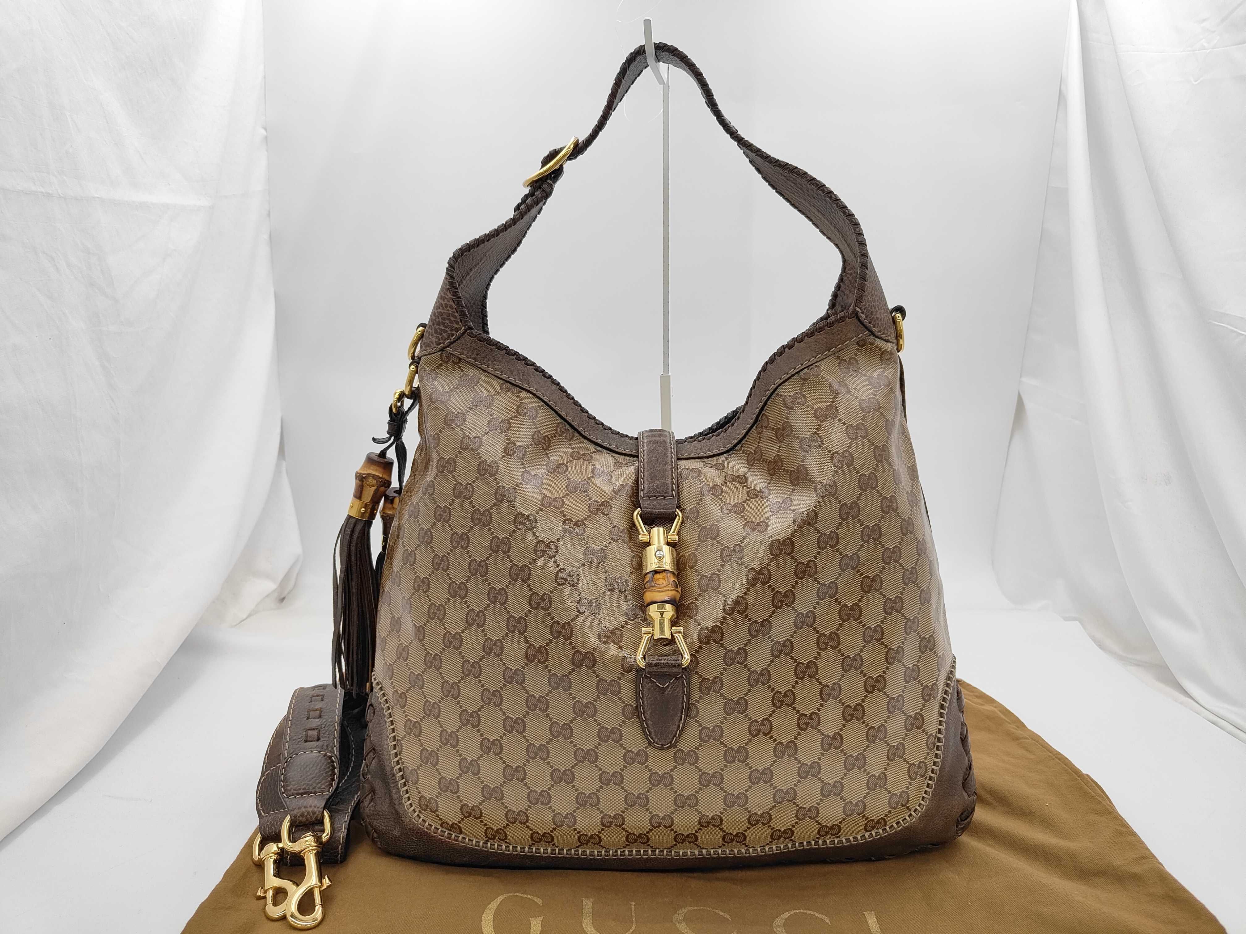 GG Brown Crystal Leather GG Monogram Jackie Bamboo Tassel Bag with Long Strap Shoulder Bag
