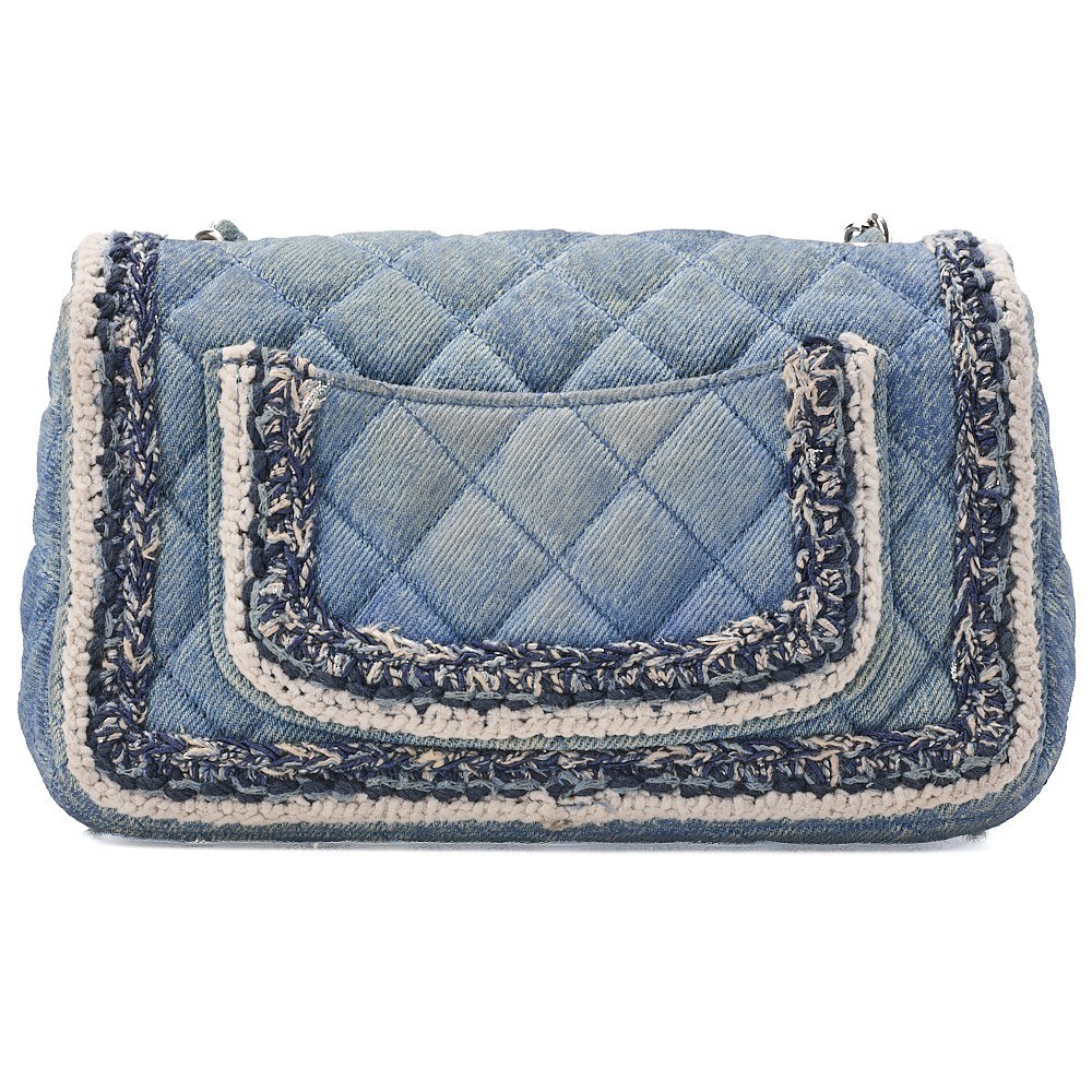 Denim x Tweed Matelassé Single Flap Chain Shoulder Bag with Silver Hardware — view 2