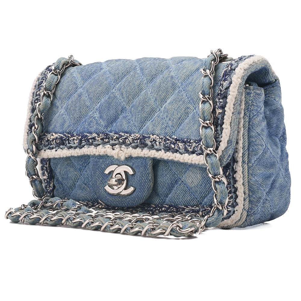 Denim x Tweed Matelassé Single Flap Chain Shoulder Bag with Silver Hardware — view 3