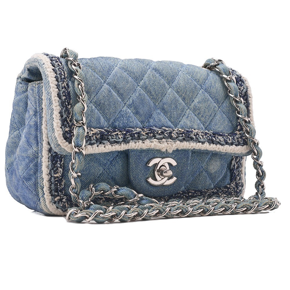 Denim x Tweed Matelassé Single Flap Chain Shoulder Bag with Silver Hardware — view 4