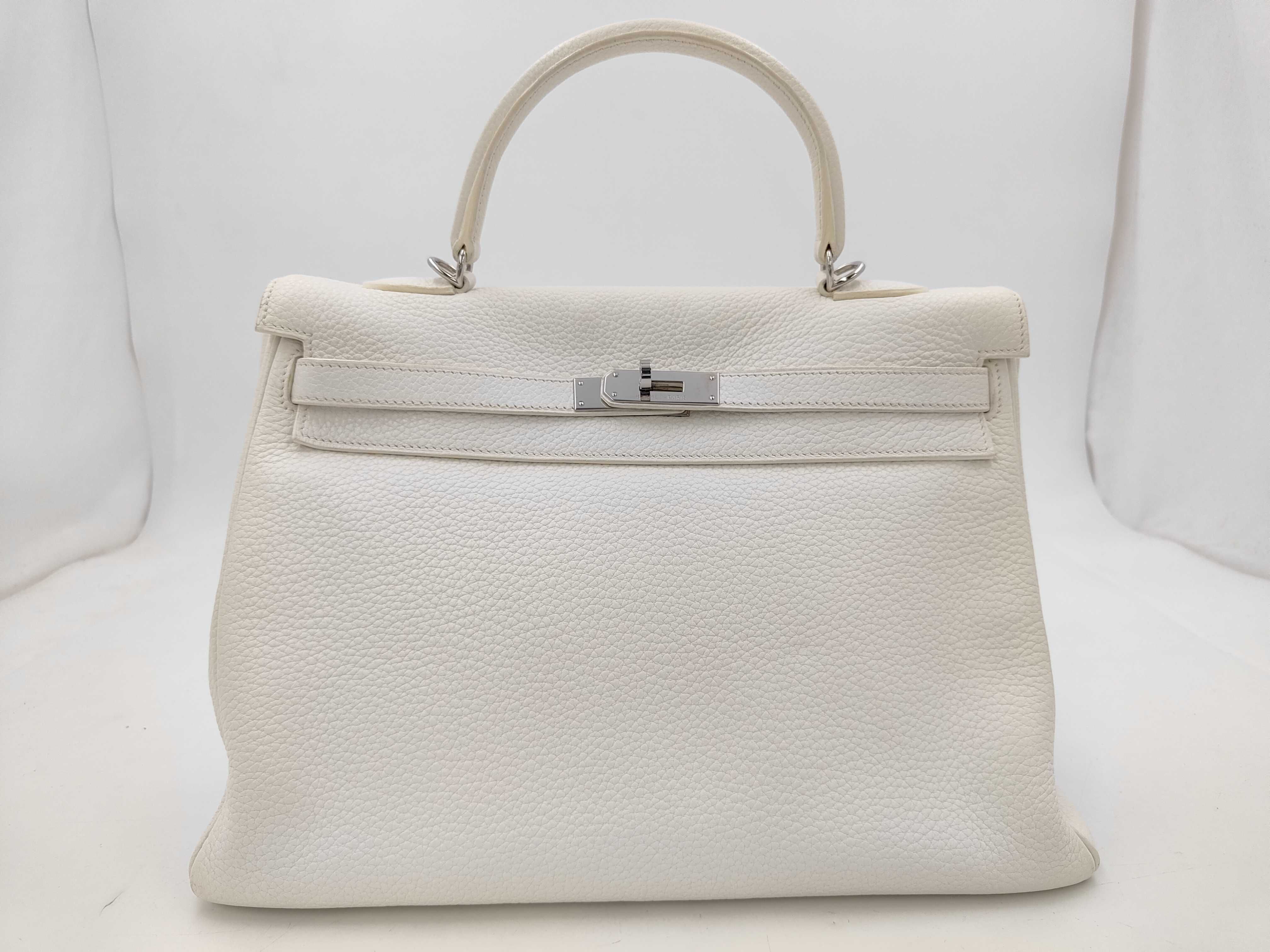 Kelly 35 White Taurillon Clemence Leather Silver Hardware N Stamp Shoulder Bag