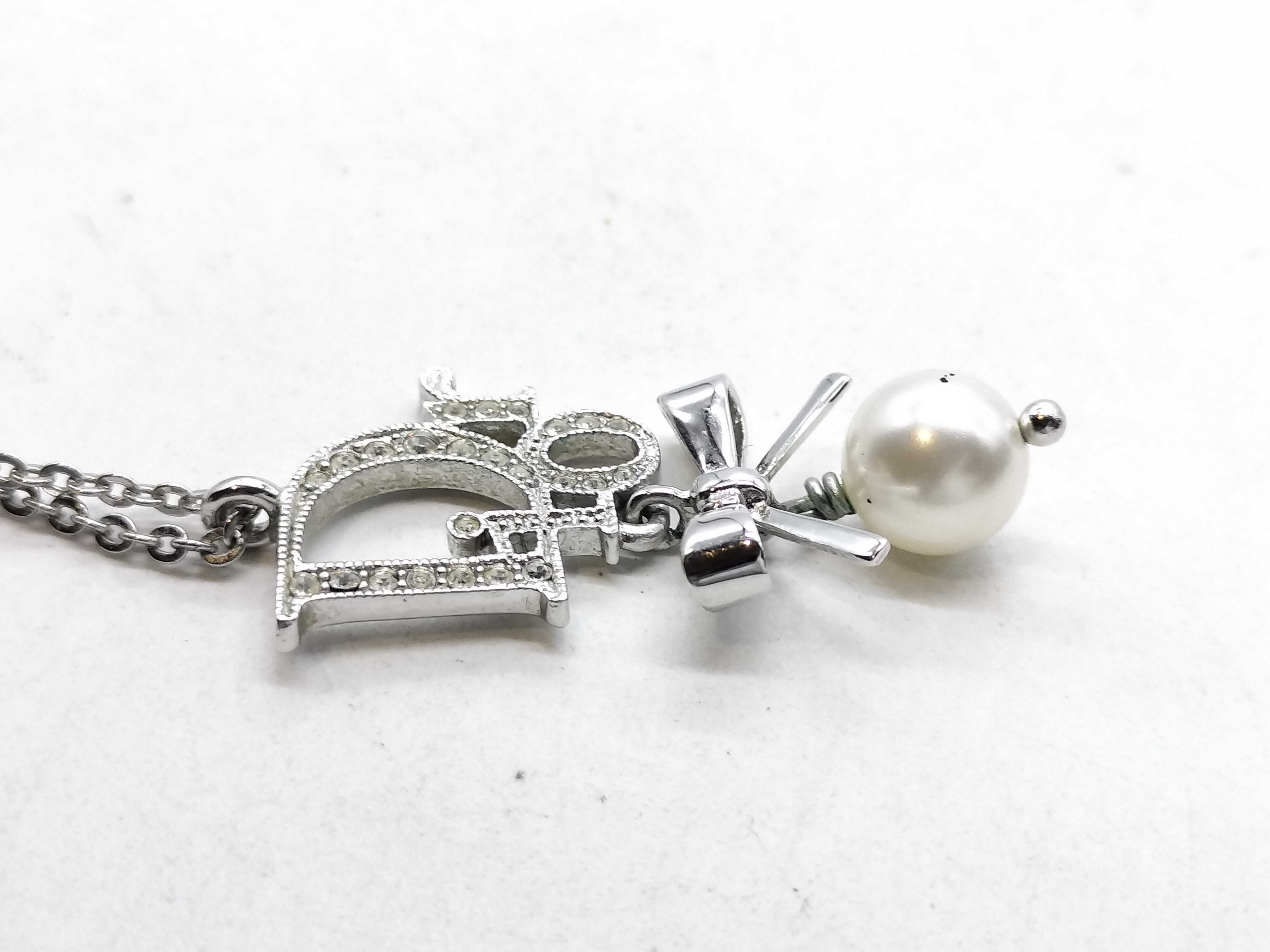 Ribbon Pearl Rhinestone Silver Necklace — view 5