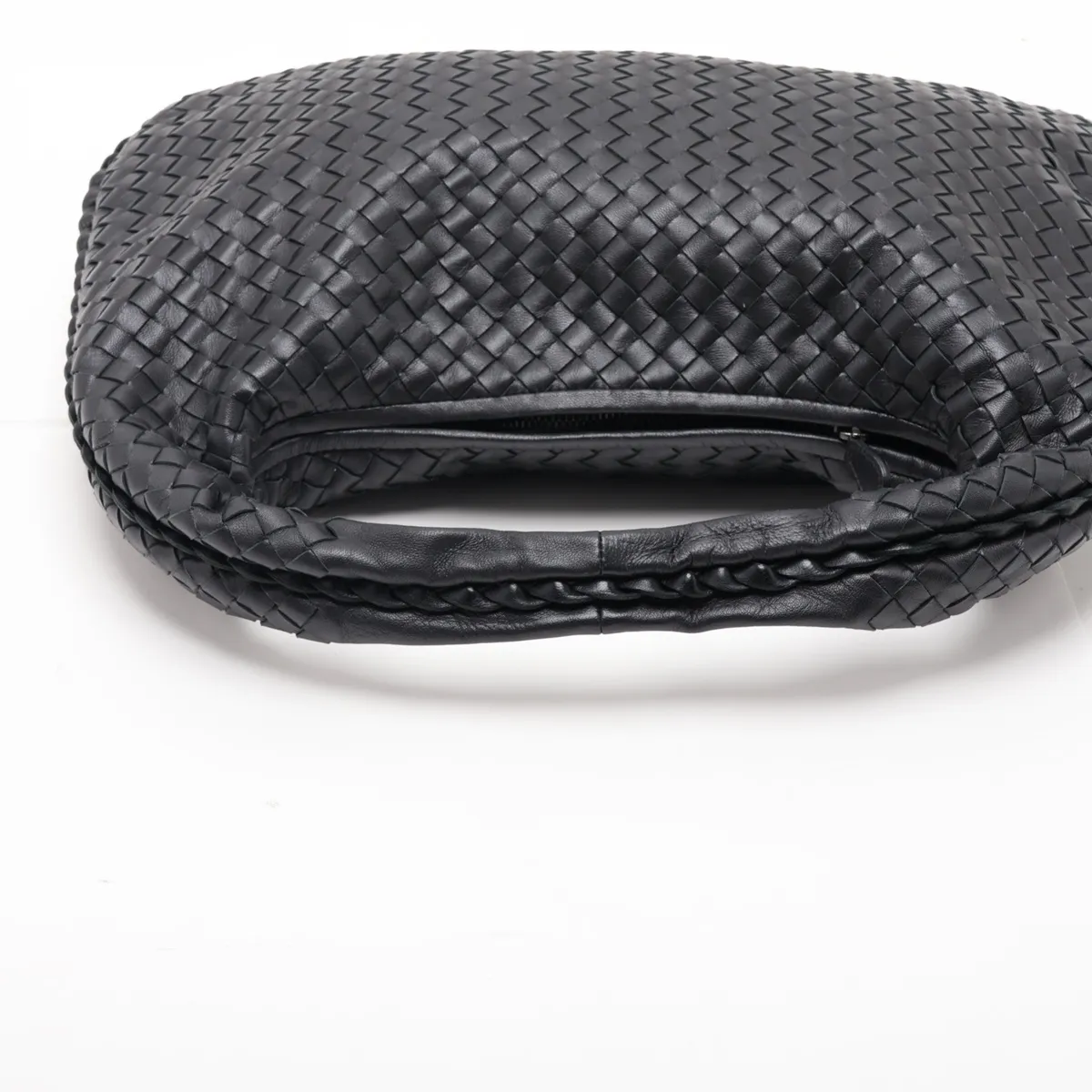 Intrecciato Hobo Leather Shoulder Bag, Black — view 5