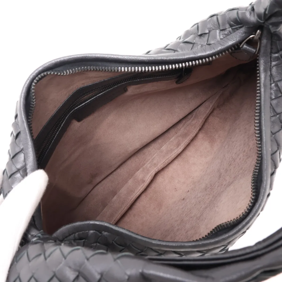 Intrecciato Hobo Leather Shoulder Bag, Black — view 7