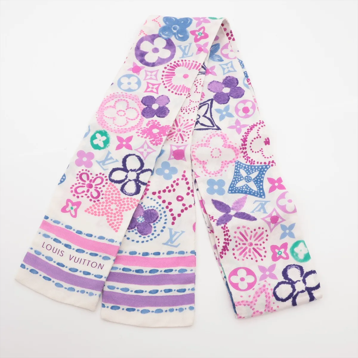 Bandeau Monogram Confidential Scarf, Silk, White x Purple. Shows signs of wear,