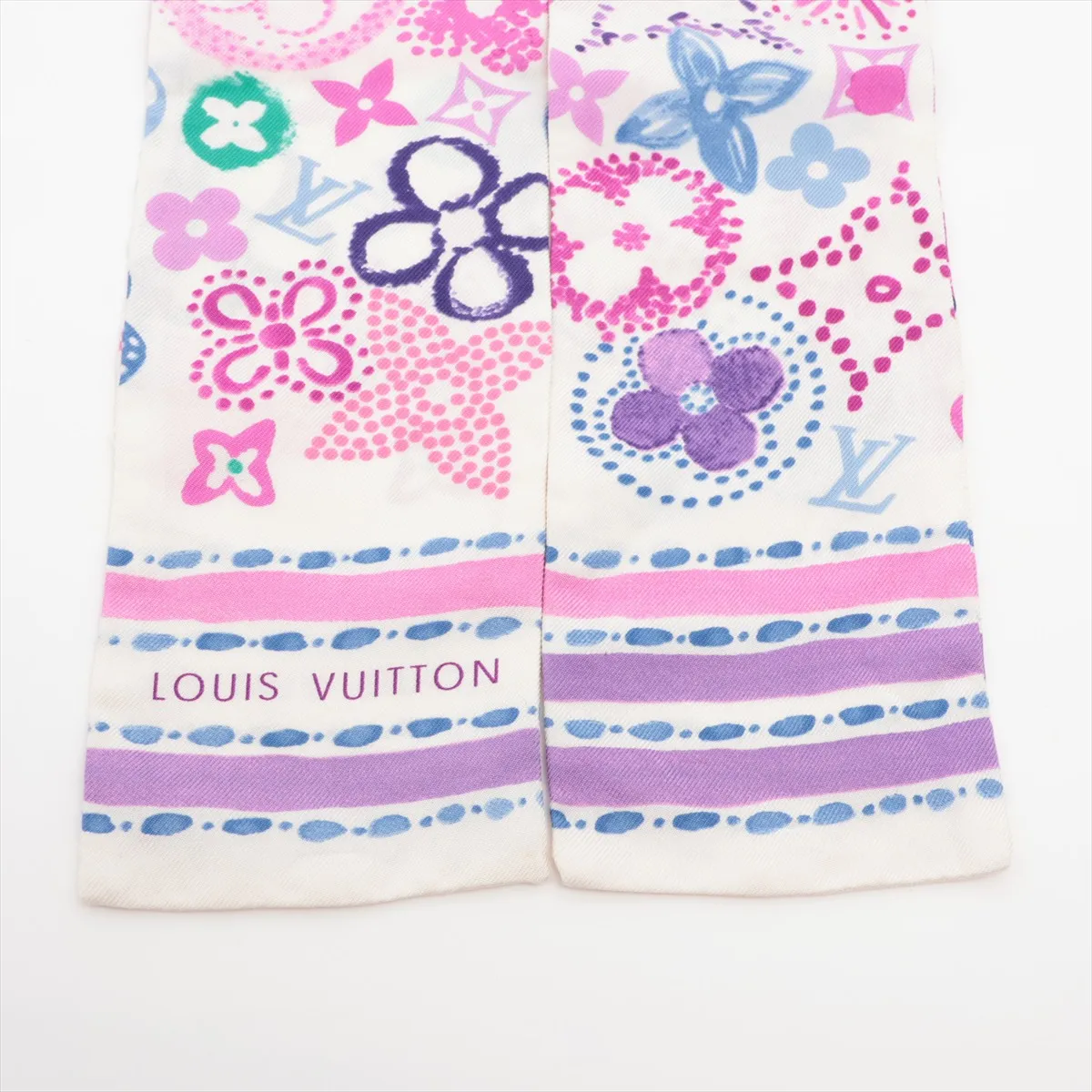 Bandeau Monogram Confidential Scarf, Silk, White x Purple. Shows signs of wear, — view 2