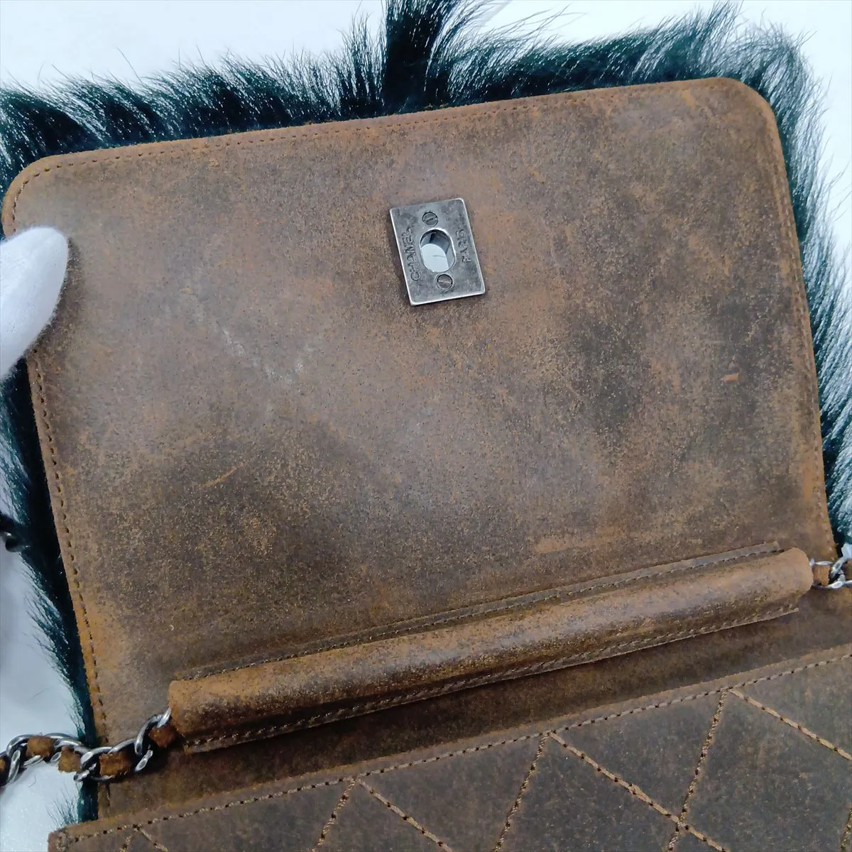Coco Mark Fur x Suede Chain Shoulder Bag, Green x Brown, Gunmetal Hardware, Item Number 18190915, Series 18 — view 9