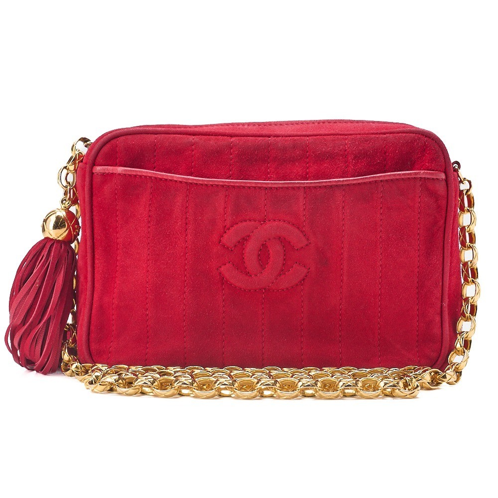 Suede Coco Mark Long Fringe Beaded Chain Shoulder Bag