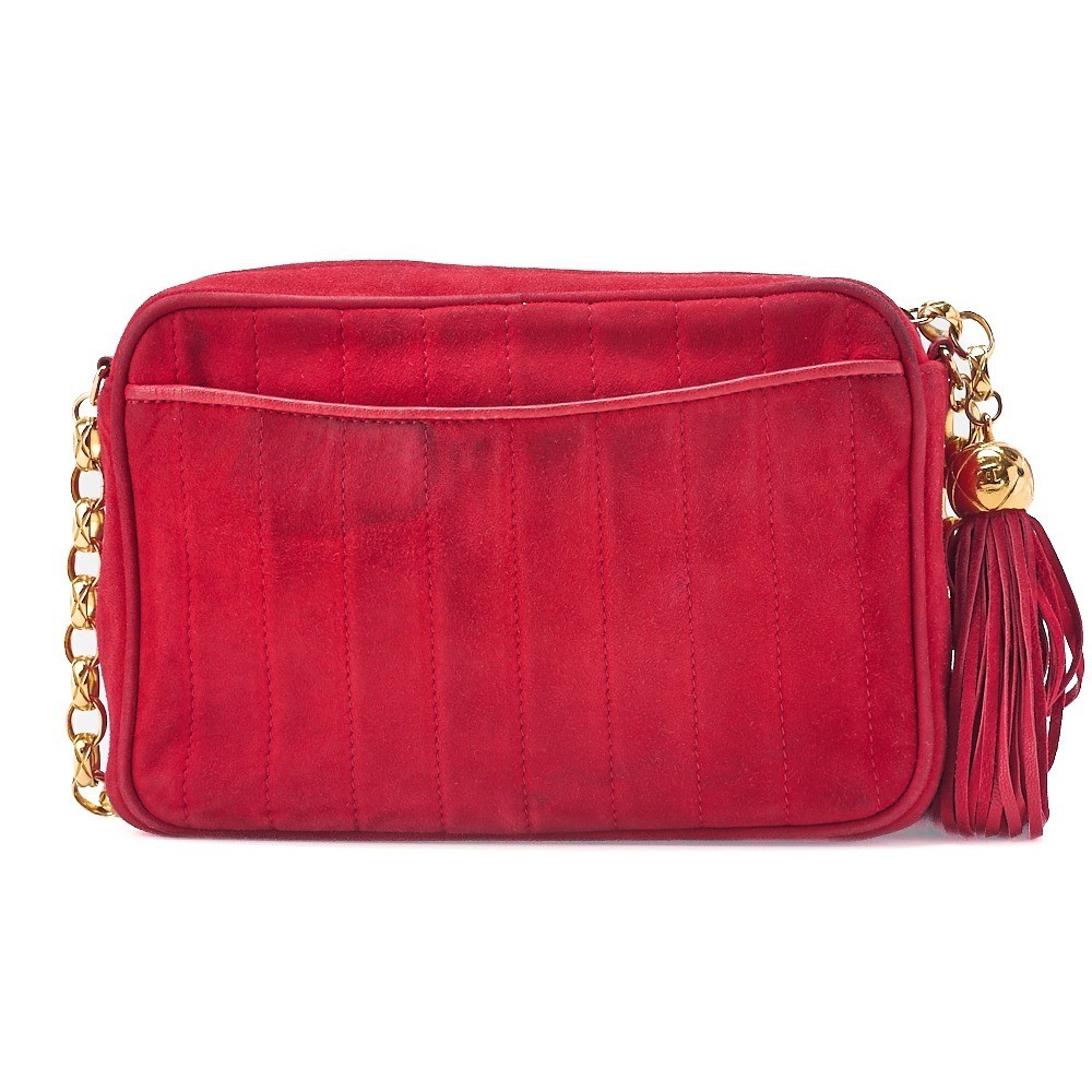 Suede Coco Mark Long Fringe Beaded Chain Shoulder Bag — view 2