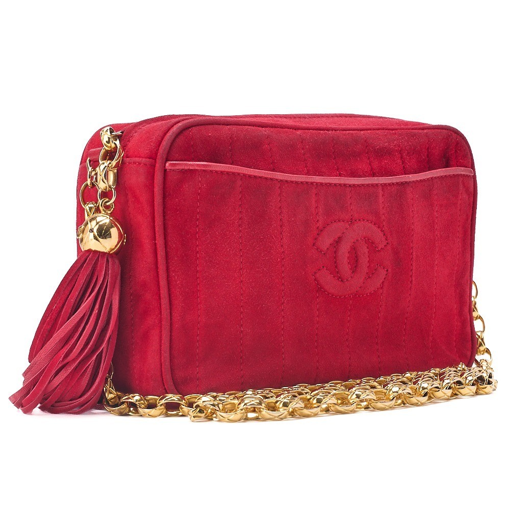 Suede Coco Mark Long Fringe Beaded Chain Shoulder Bag — view 3