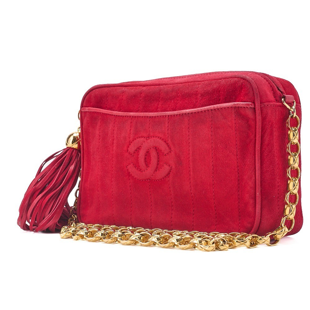 Suede Coco Mark Long Fringe Beaded Chain Shoulder Bag — view 4
