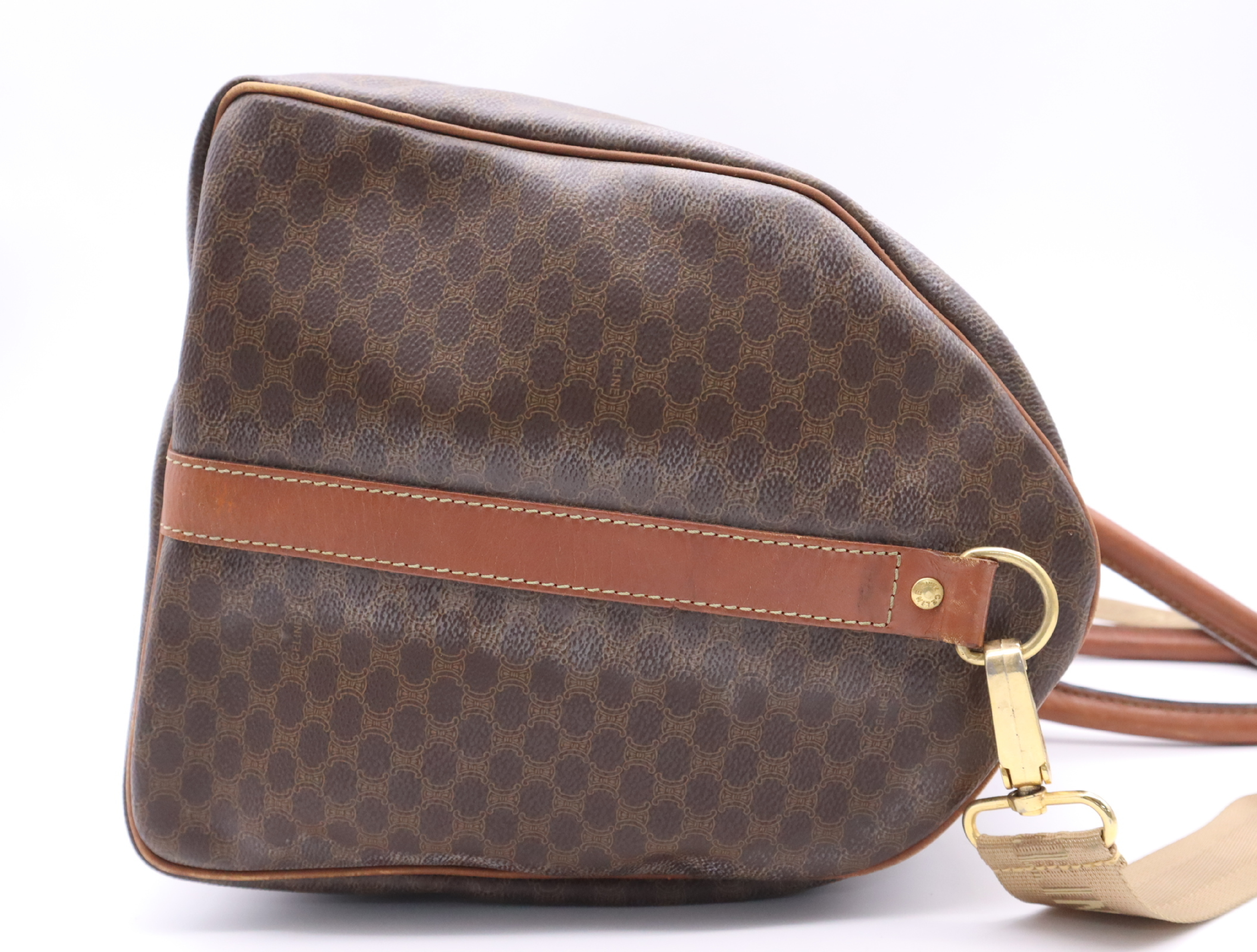 Leather Macadam Boston Bag, Brown, with Shoulder Strap — view 5
