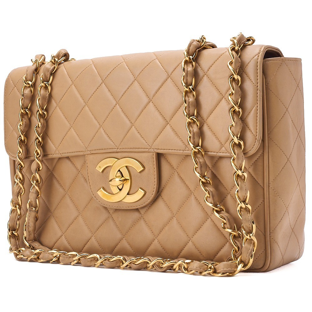 Lambskin Large Matelassé 30cm Chain Shoulder Bag, Beige — view 3