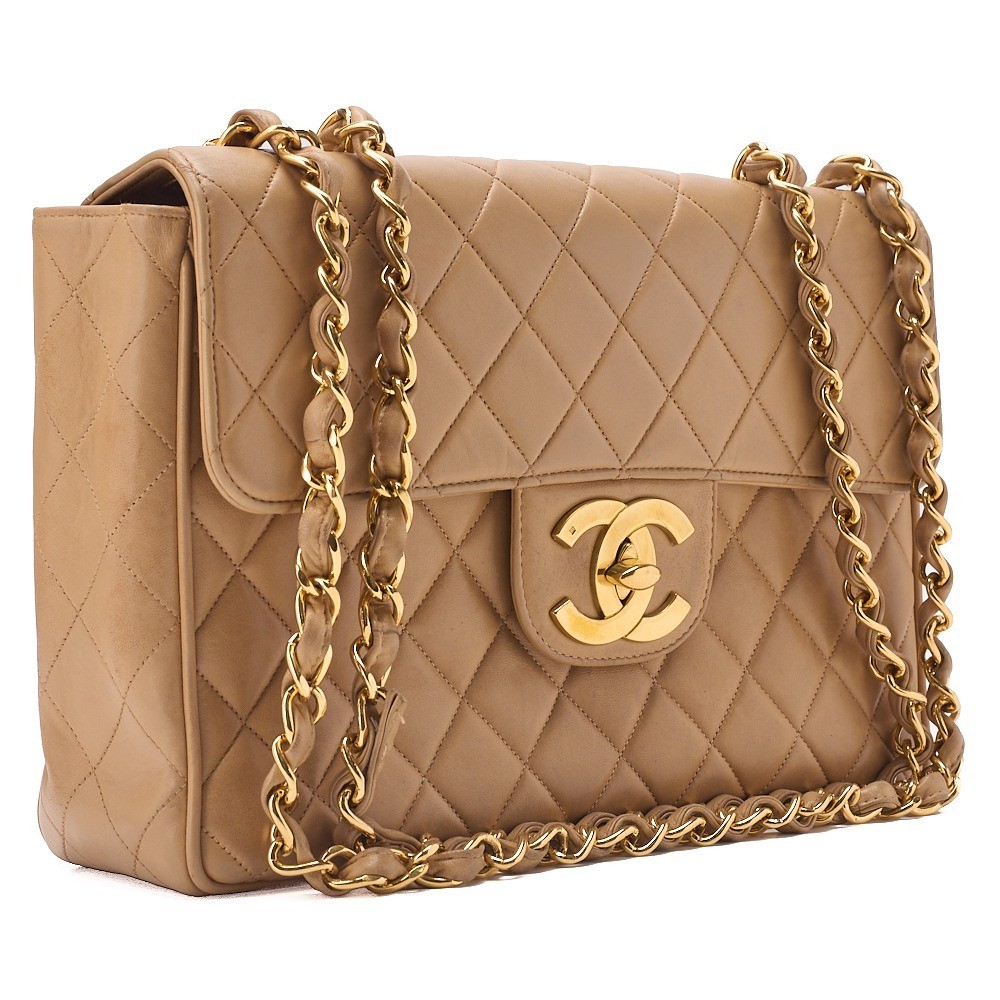 Lambskin Large Matelassé 30cm Chain Shoulder Bag, Beige — view 4