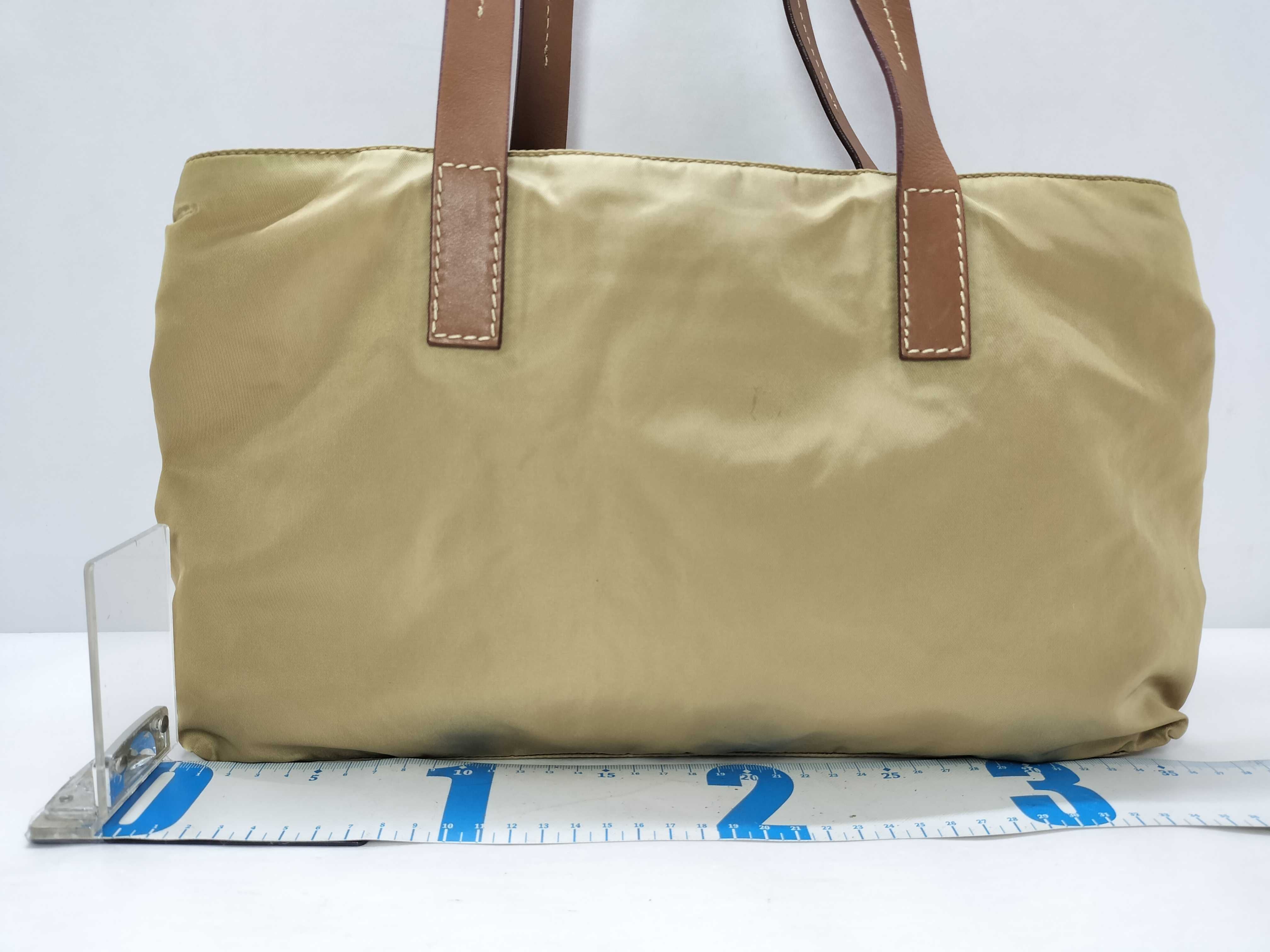 nylon tote bag in beige with triangular logo. — view 2