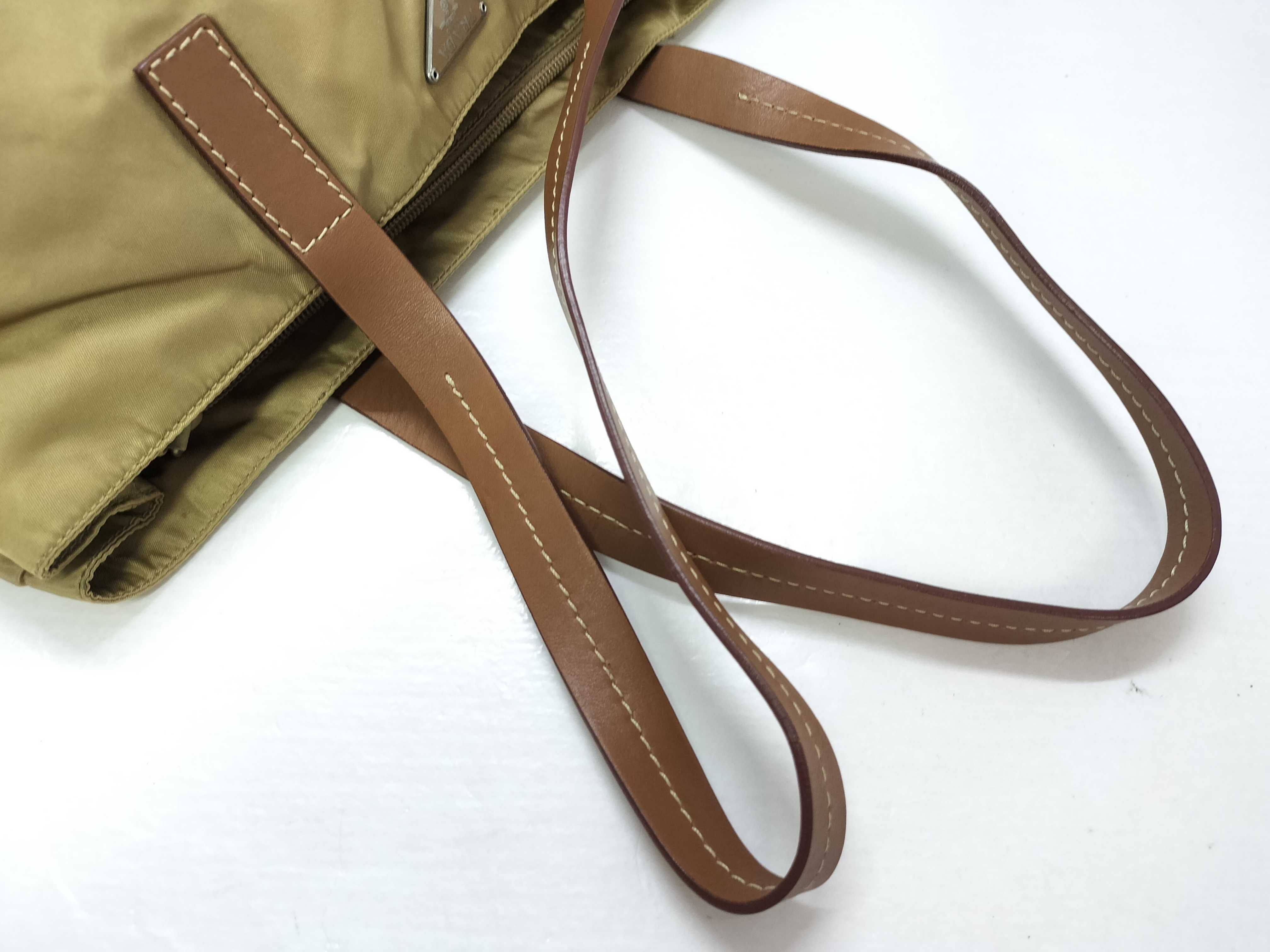 nylon tote bag in beige with triangular logo. — view 3