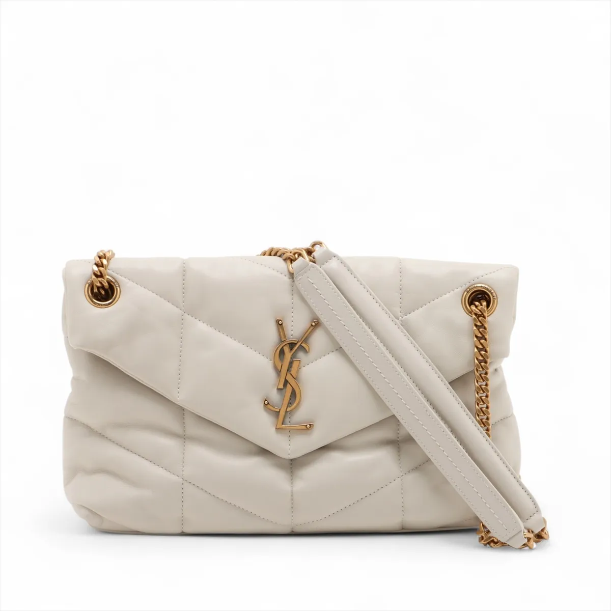 Lulu Puffer Leather Chain Shoulder Bag, Beige, 577476