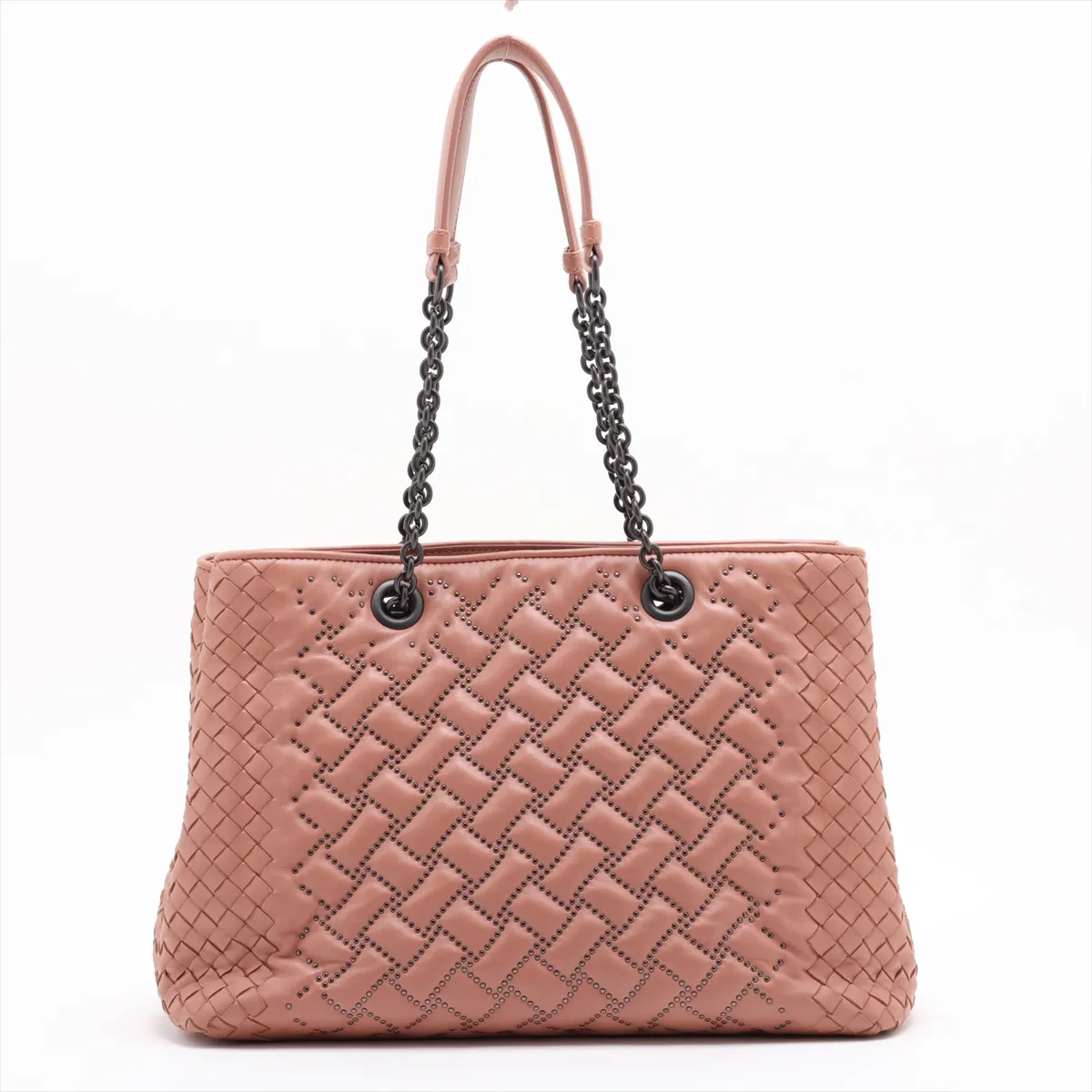 Intrecciato Leather Studded Chain Tote Bag, Beige, with Mirror — view 2