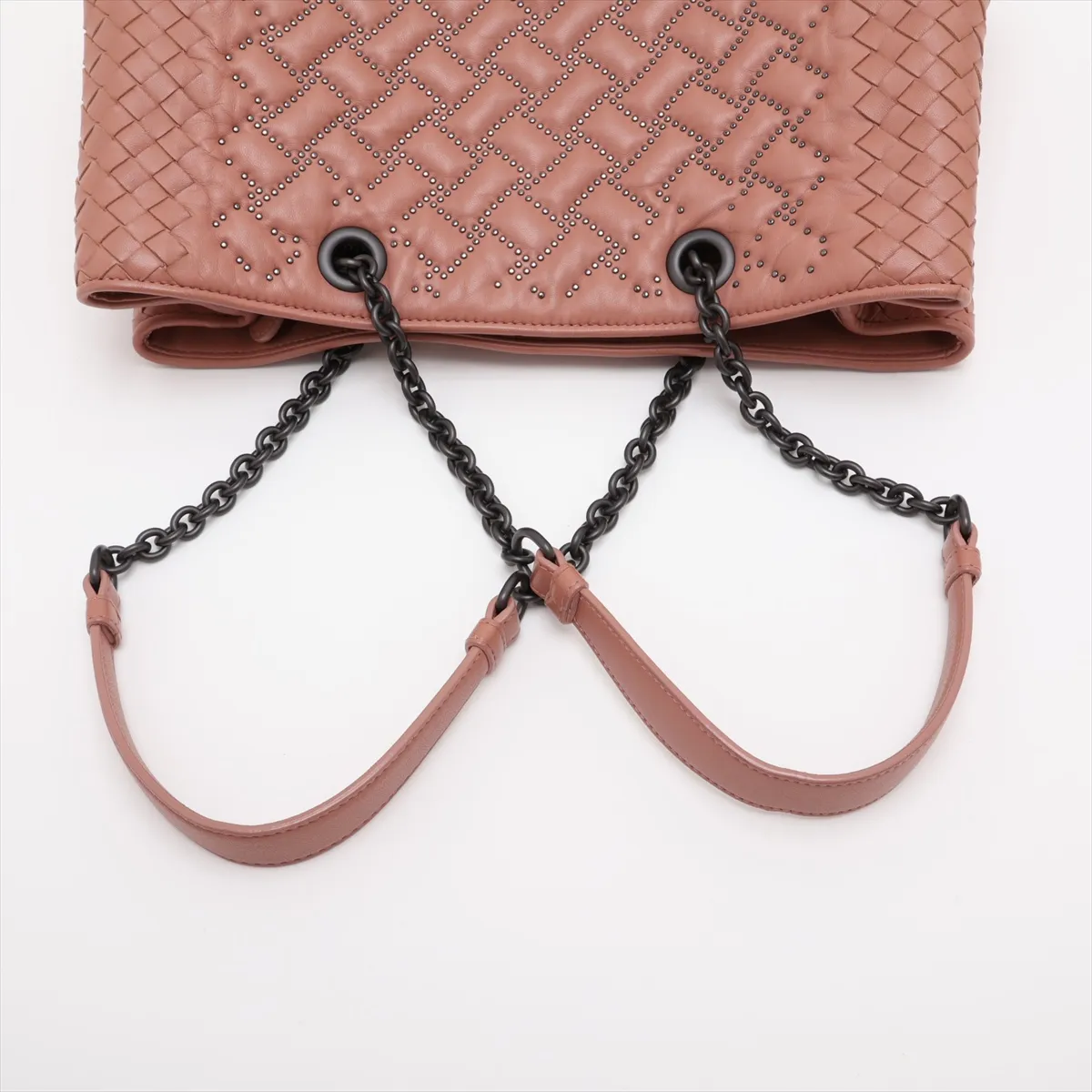 Intrecciato Leather Studded Chain Tote Bag, Beige, with Mirror — view 5