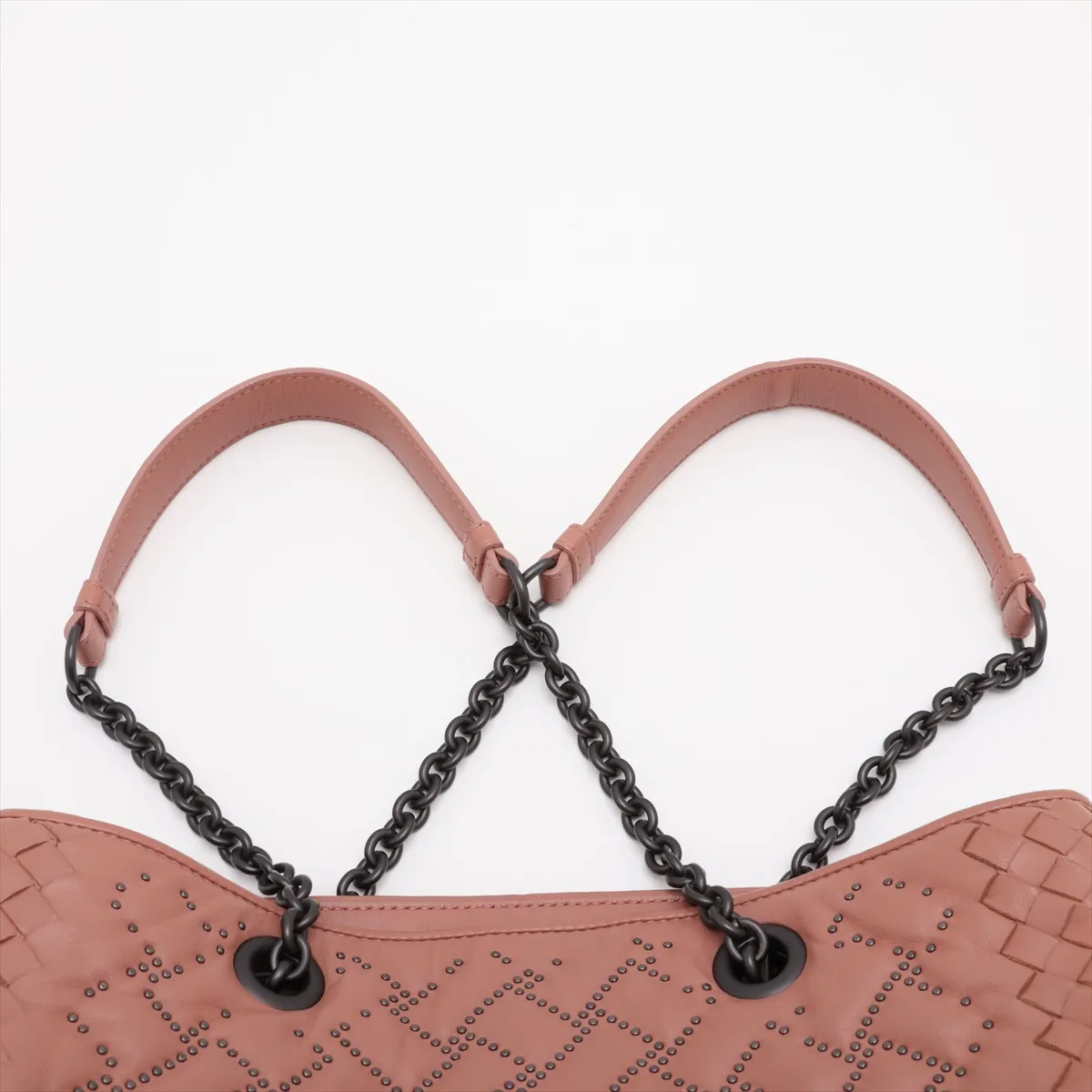 Intrecciato Leather Studded Chain Tote Bag, Beige, with Mirror — view 6