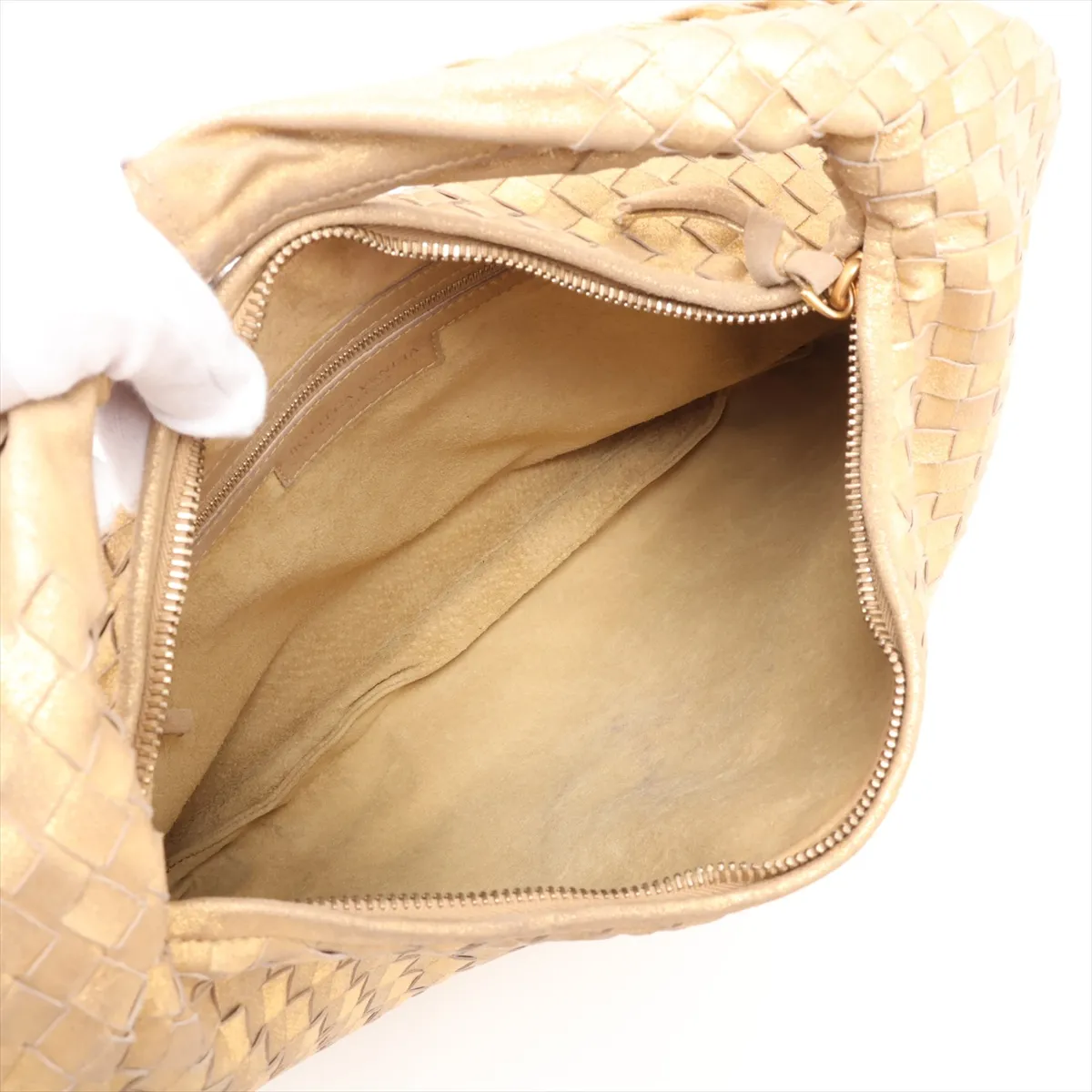 Intrecciato Hobo Leather Shoulder Bag, Gold, 115653 — view 7