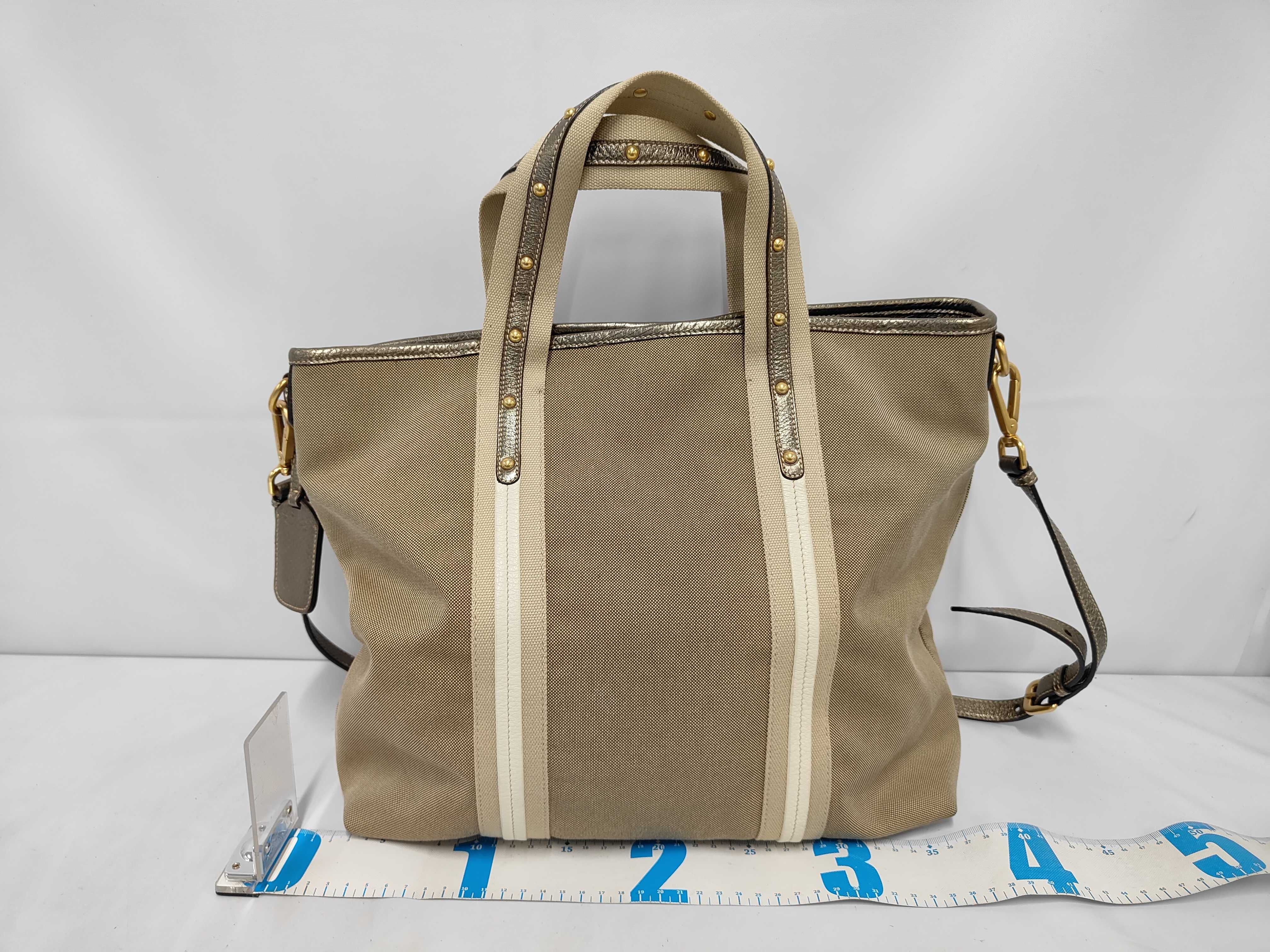 Canvas Jacquard Beige 2-Way Tote Bag with Stitching Tag — view 2