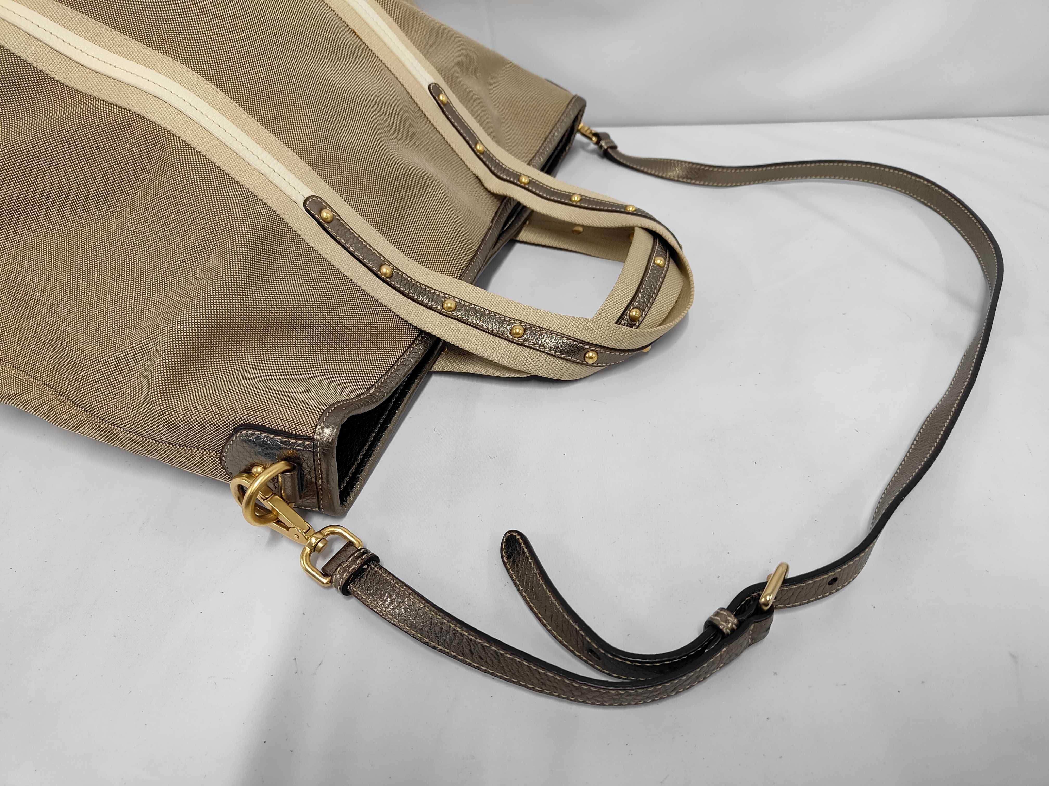 Canvas Jacquard Beige 2-Way Tote Bag with Stitching Tag — view 5