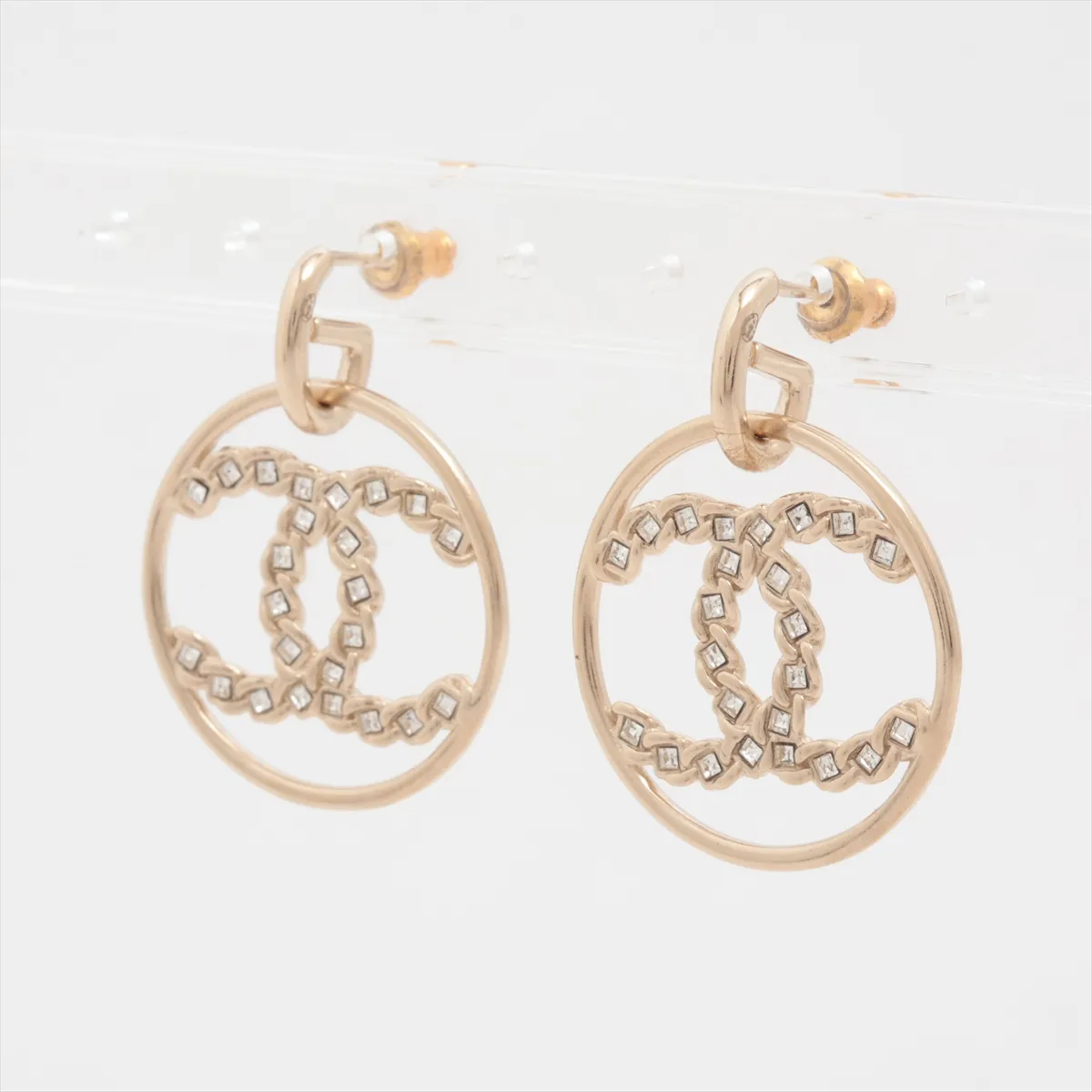 Coco Mark A18A Earrings (Pair) GP x Rhinestone Gold. Shows signs of wear, — view 3