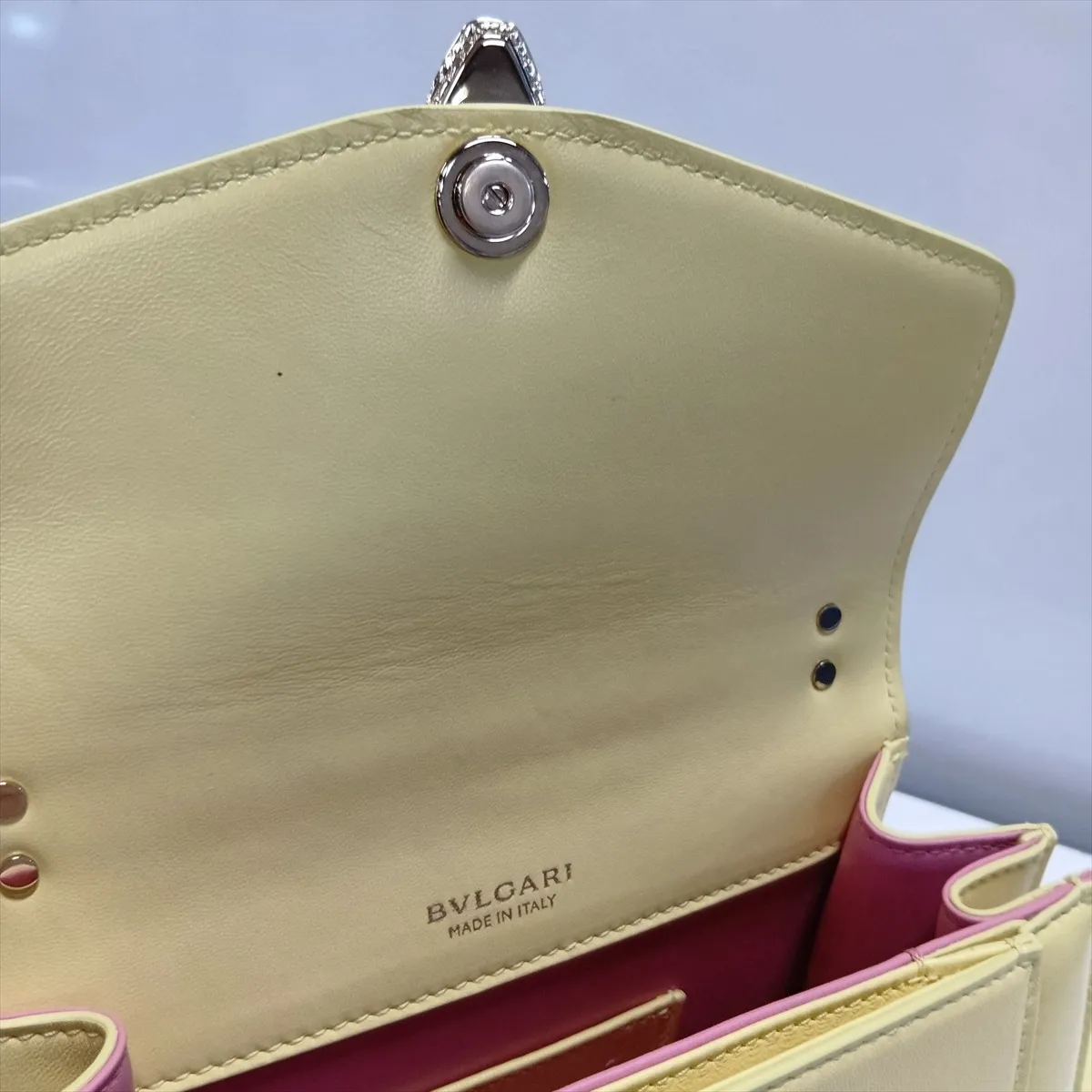 Serpenti Leather 2-Way Shoulder Bag, Yellow, with Mirror — view 14