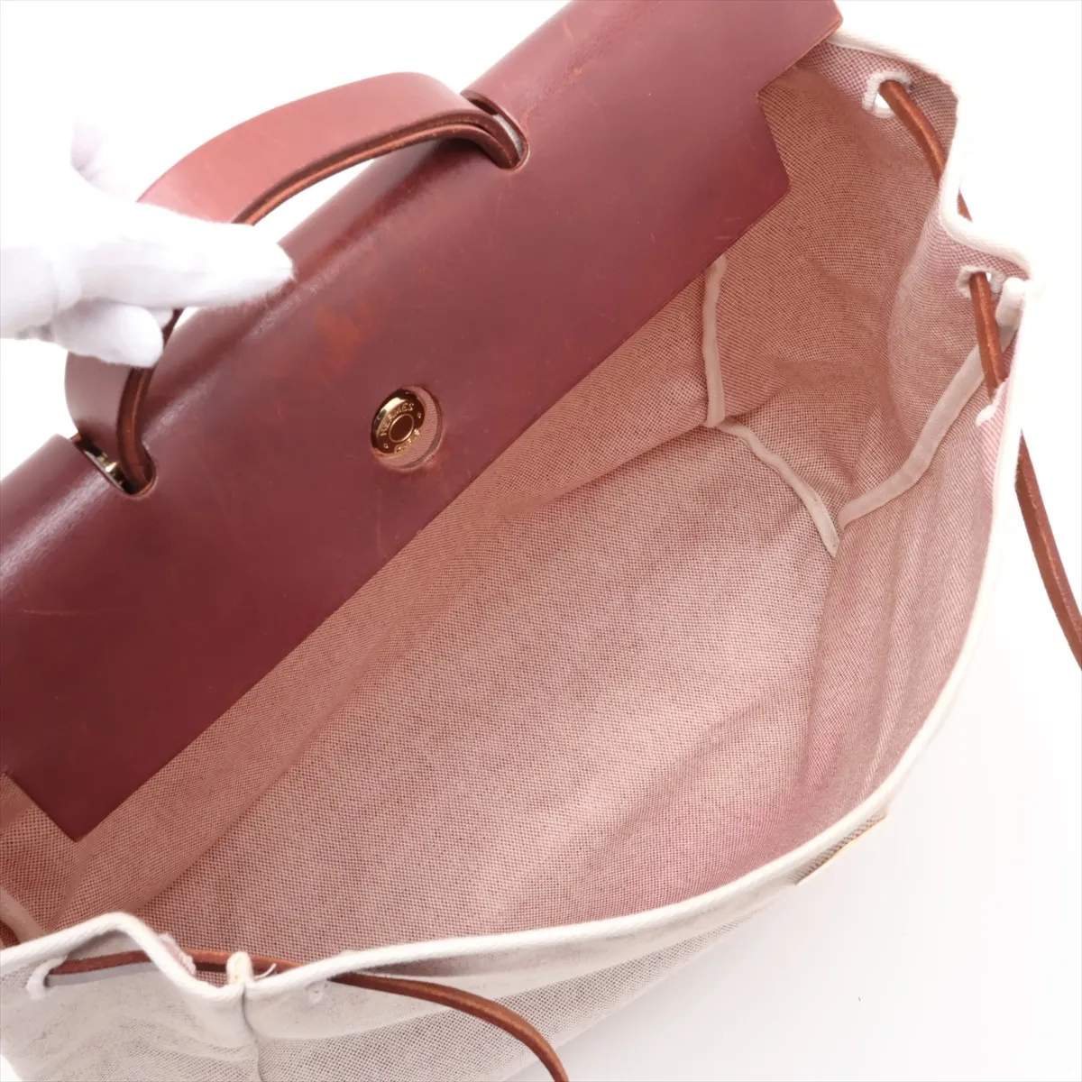 Herbag MM Toile H x Vache Hunter Beige x Brown Gold Hardware E: 2001 Missing stopper — view 7