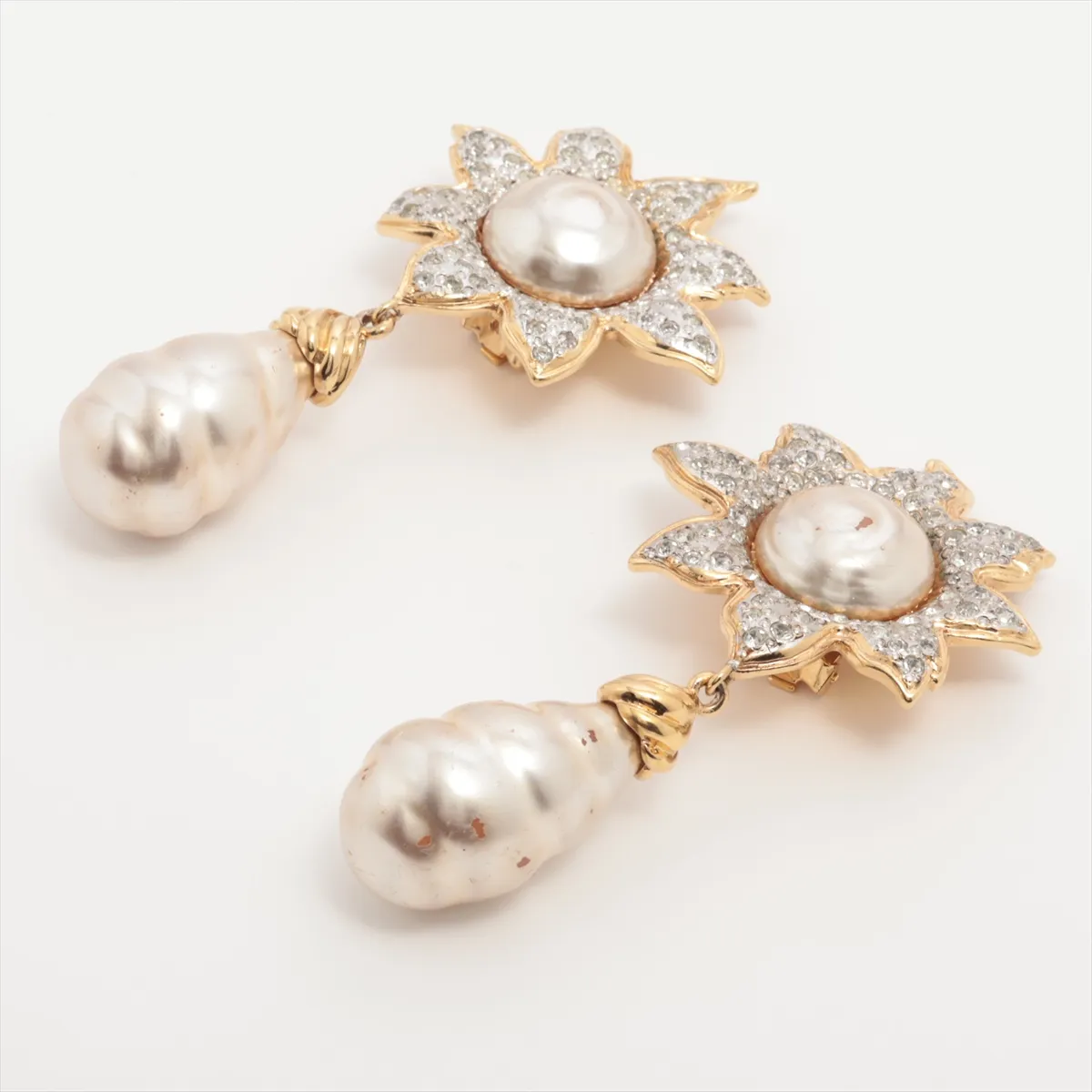 earrings (for both ears), gold-plated with rhinestones and faux pearls. Shows signs of wear, — view 3