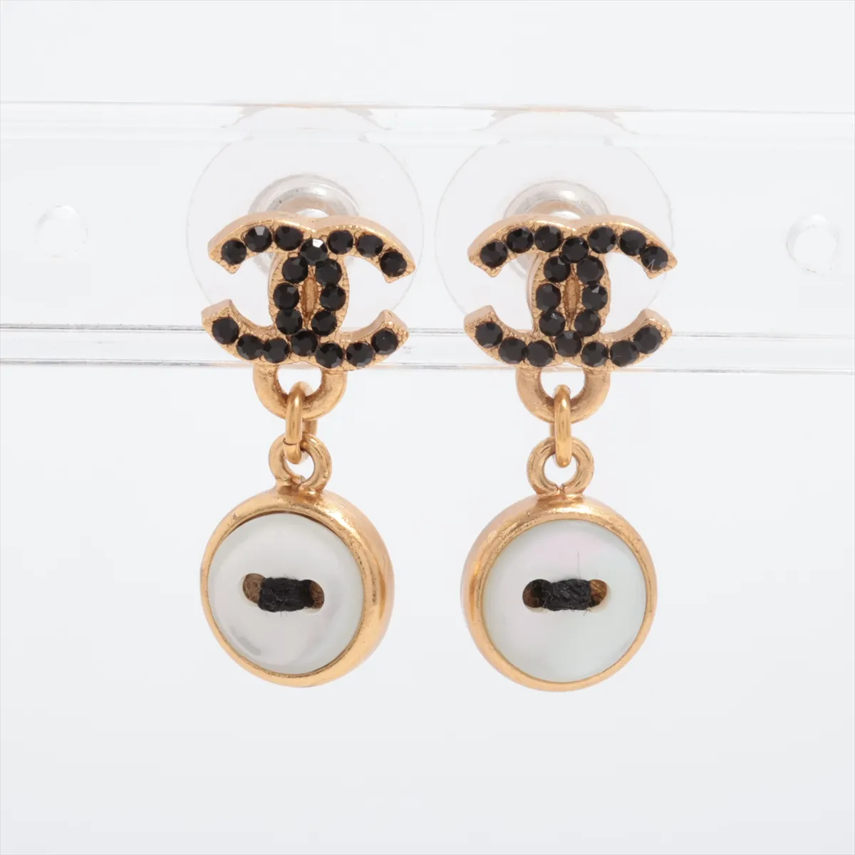 Coco Mark 02A Earrings (Pair) GP x Rhinestone Gold. Shows signs of wear,