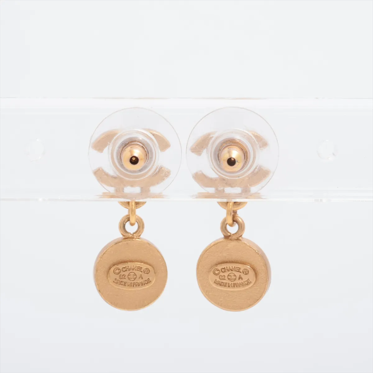 Coco Mark 02A Earrings (Pair) GP x Rhinestone Gold. Shows signs of wear, — view 2