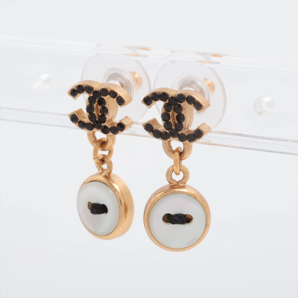 Coco Mark 02A Earrings (Pair) GP x Rhinestone Gold. Shows signs of wear, — view 3