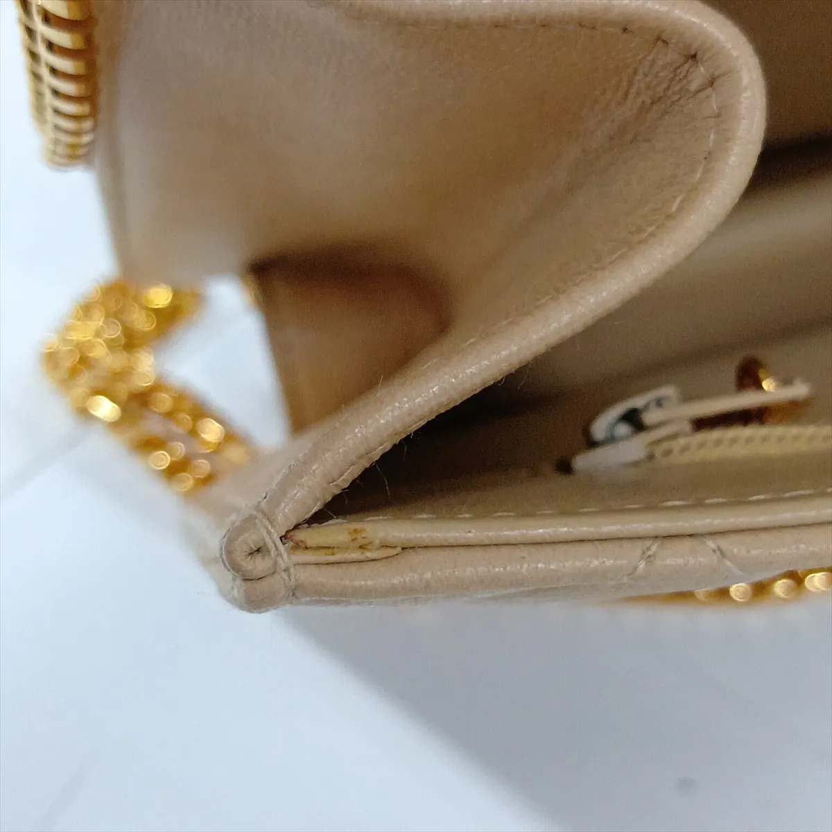 Matelassé Lambskin Chain Shoulder Bag, Beige, Gold Hardware — view 15