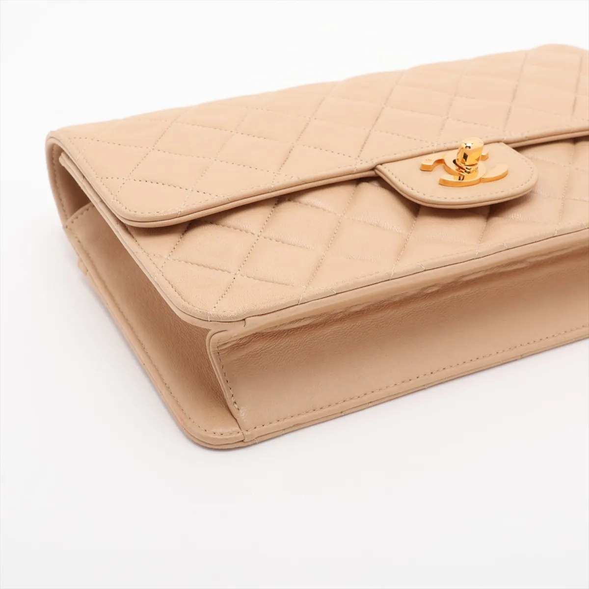 Matelassé Lambskin Chain Shoulder Bag, Beige, Gold Hardware — view 4