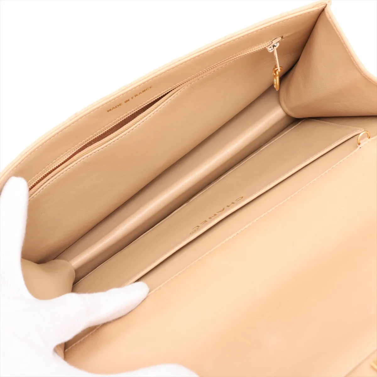 Matelassé Lambskin Chain Shoulder Bag, Beige, Gold Hardware — view 6
