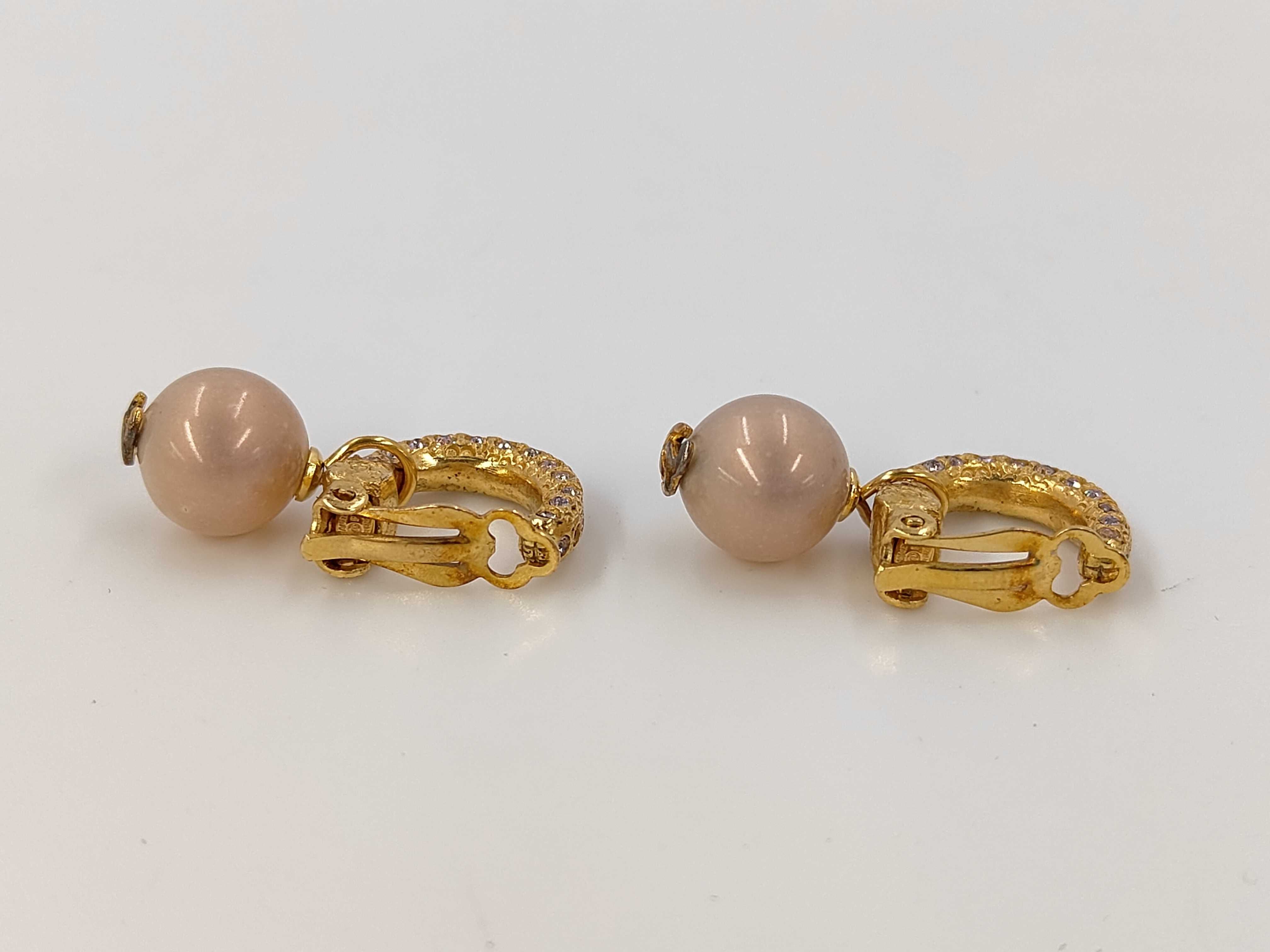 Hoop Earrings with Rhinestones, Pink Pearls, and Coco Mark (01P) — view 2