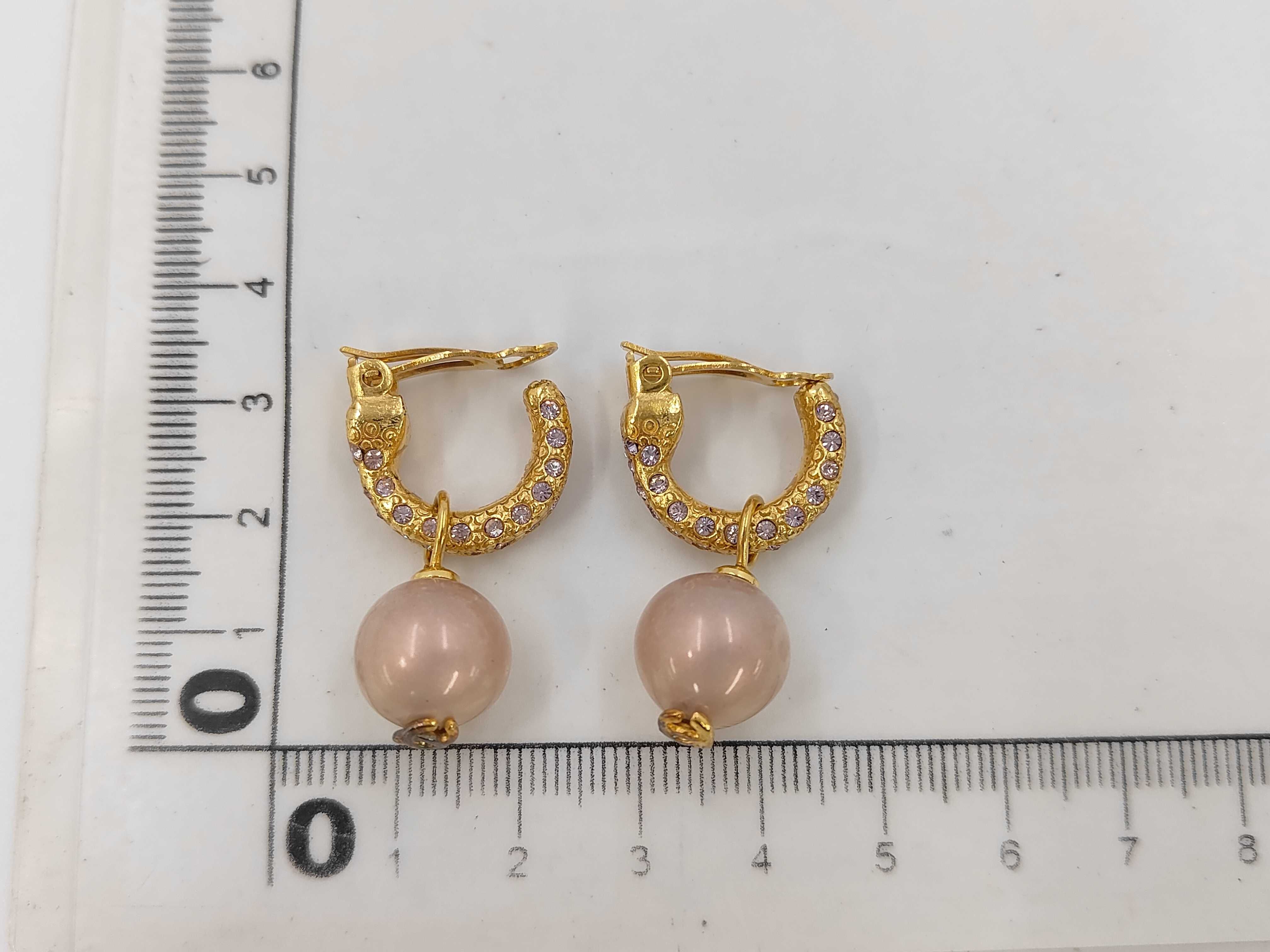 Hoop Earrings with Rhinestones, Pink Pearls, and Coco Mark (01P) — view 5